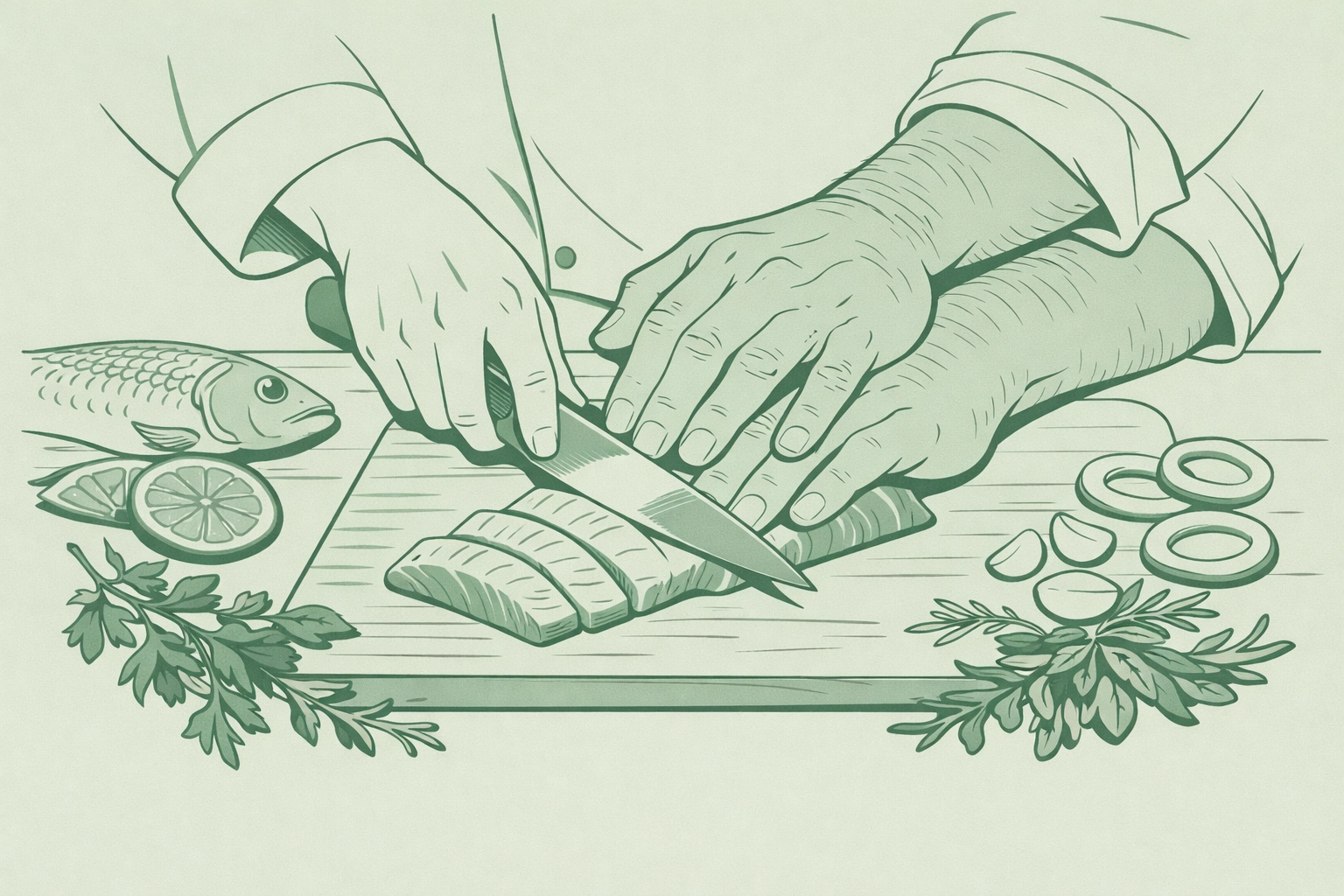 Chef and fisherman's hands preparing seafood together in MM romance