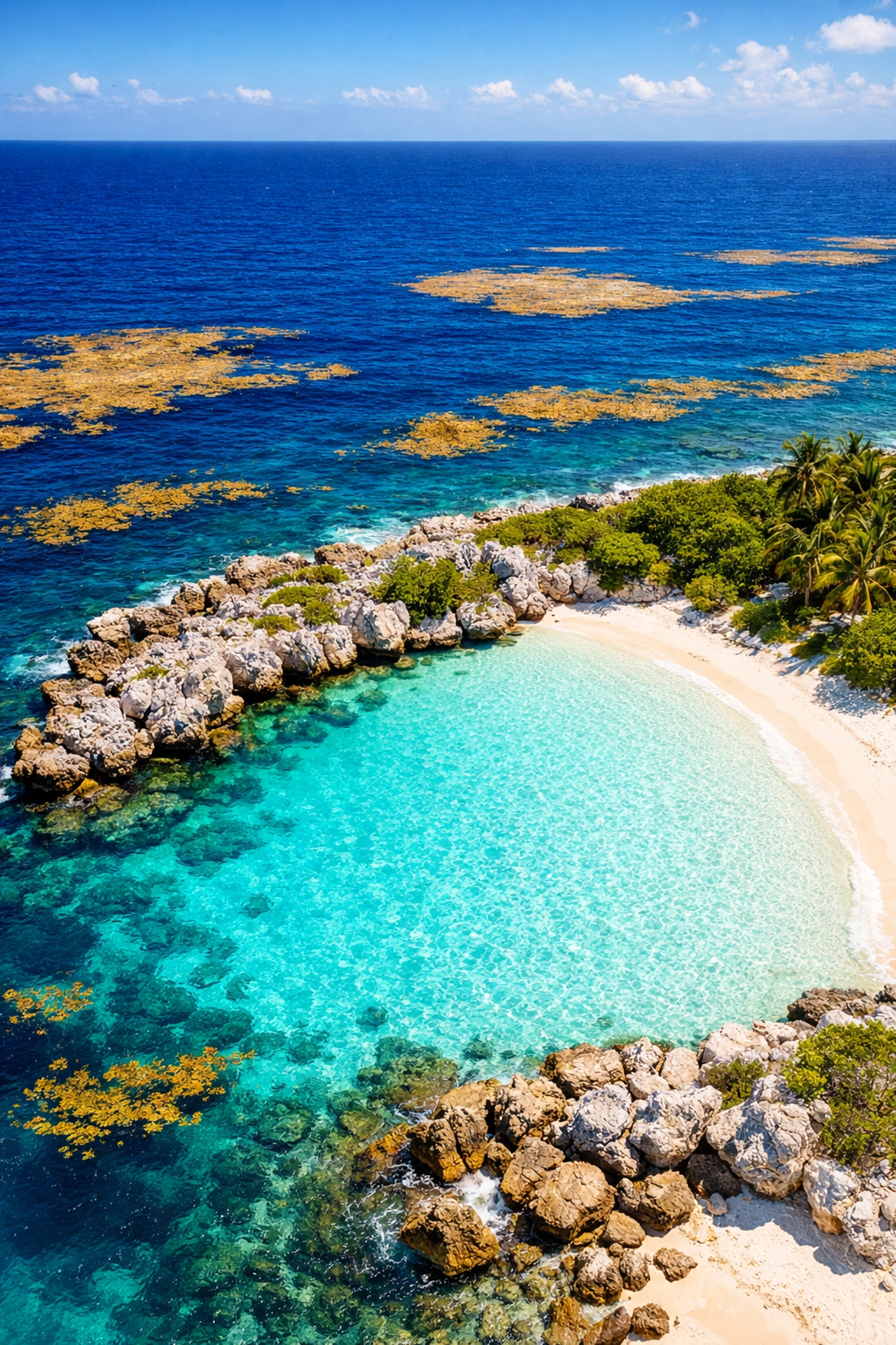 Aerial view of a clear turquoise Caribbean beach protected from seaweed by a natural limestone point.