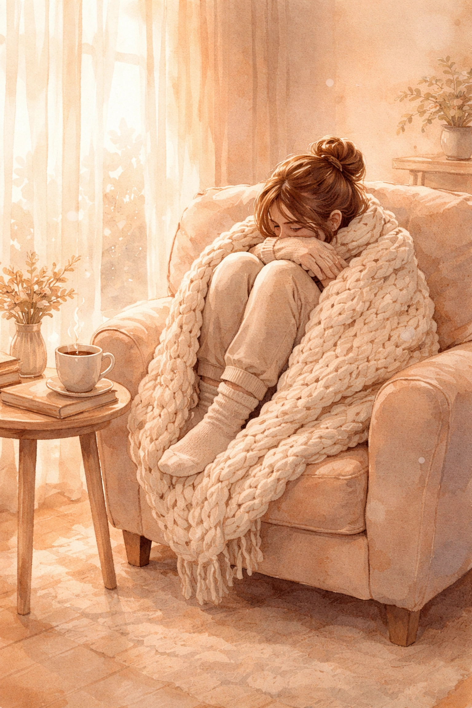 A person sits curled up in a cozy armchair with a blanket and tea, reflecting emotional awareness and self-care.
