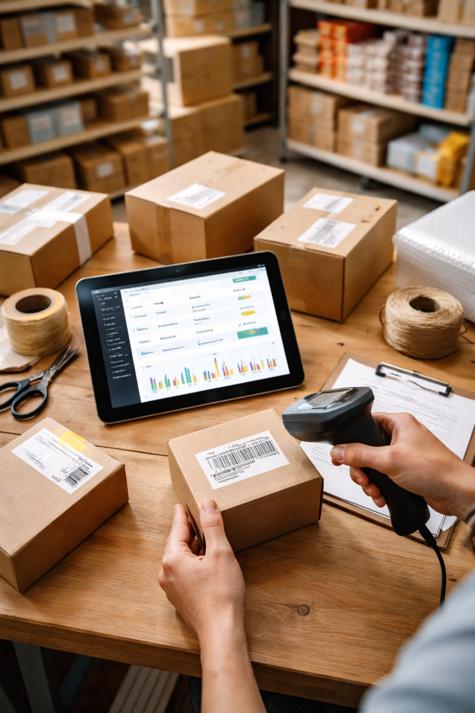 Retail shop stockroom with tablet managing inventory and organized product boxes, showcasing POS system features