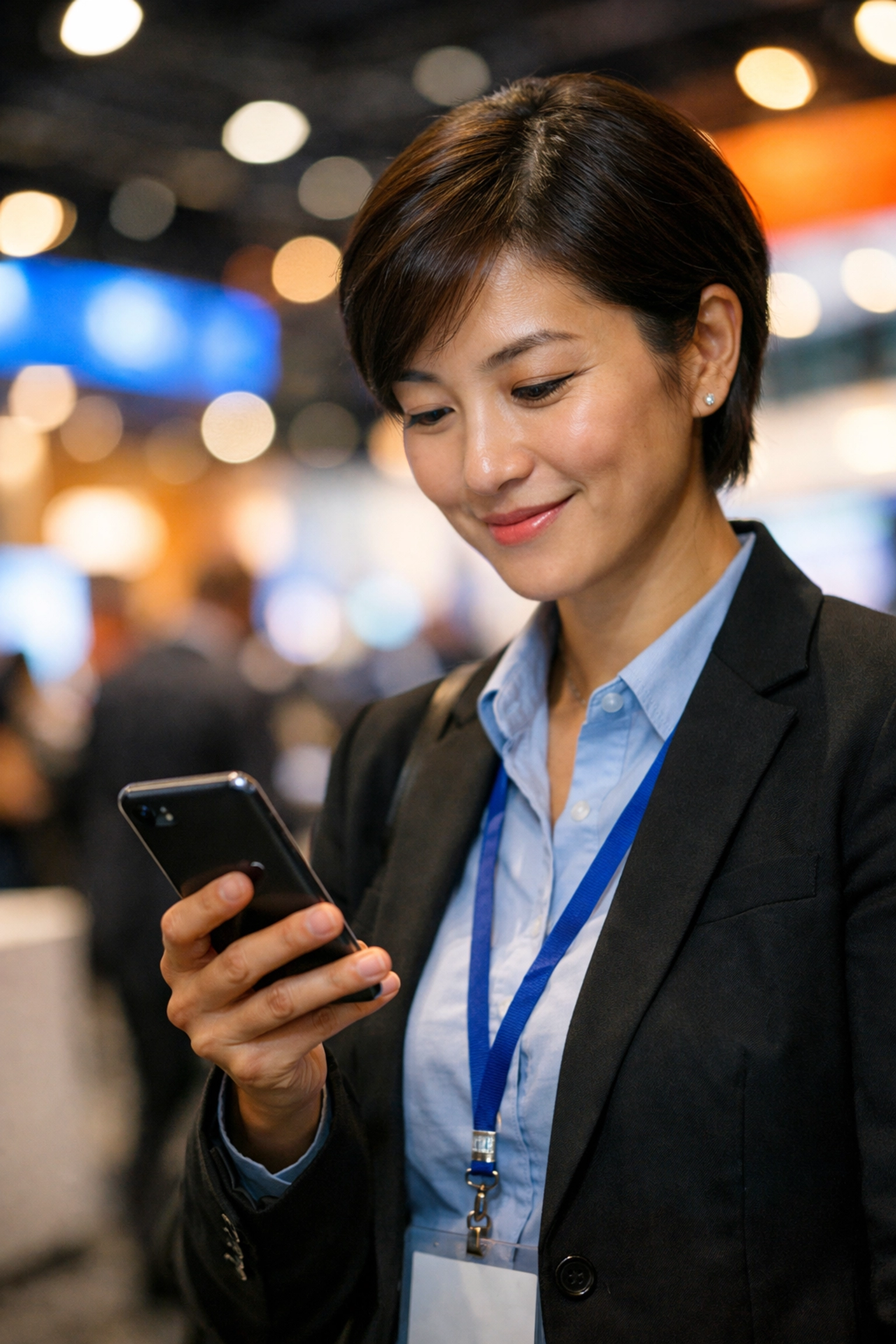 An event attendee using a smartphone to access a custom WiFi landing page in a modern conference hall.