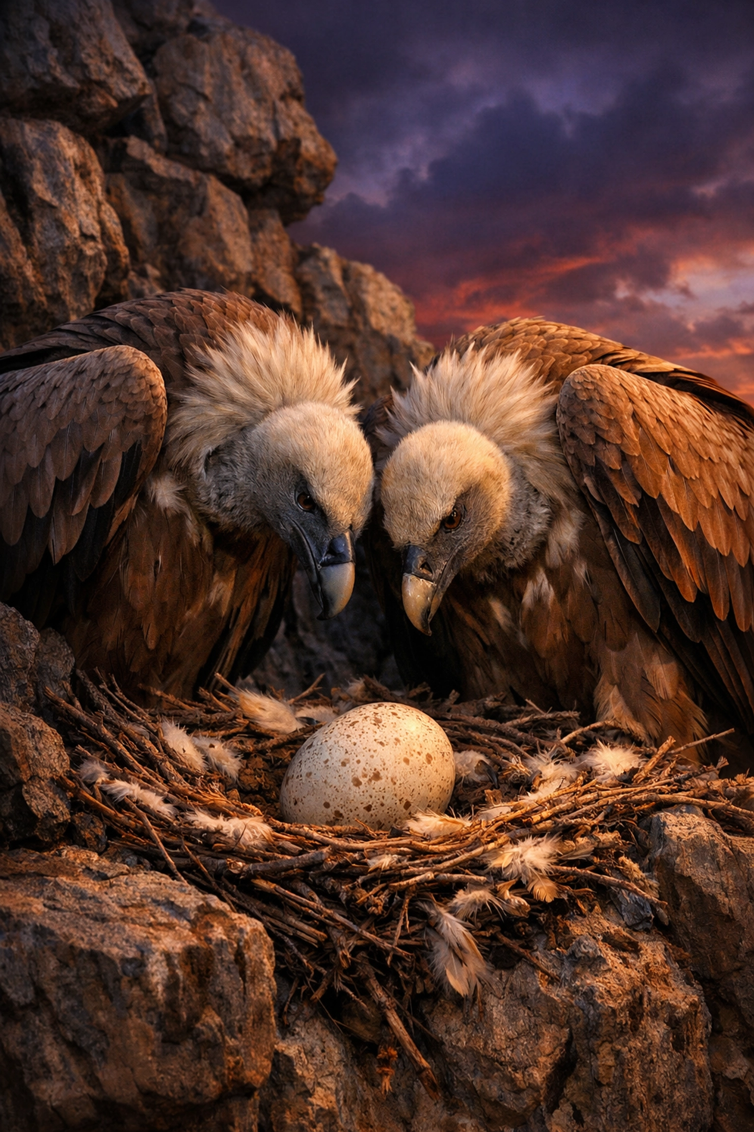 Two male vultures guarding an egg on a cliff, mirroring the protective bonds of gay romance stories.