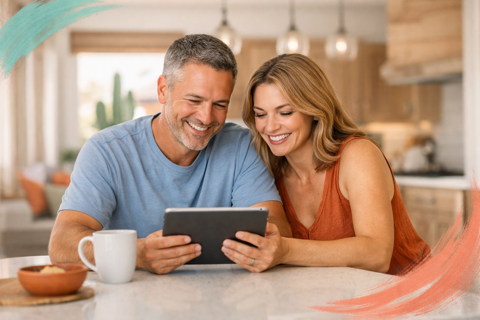 Relaxed couple in a Surprise Arizona kitchen finding simplicity and relief in their real estate journey.