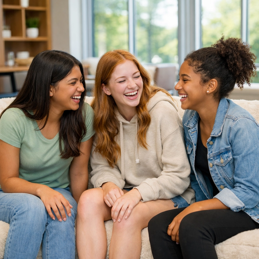 Supportive community of girls laughing together in a teen residential treatment center.