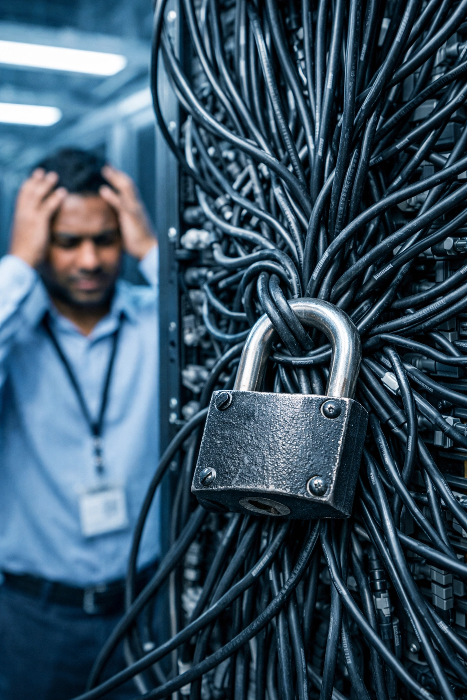 IT specialist facing EHR vendor lock-in represented by a locked padlock on tangled server cables.
