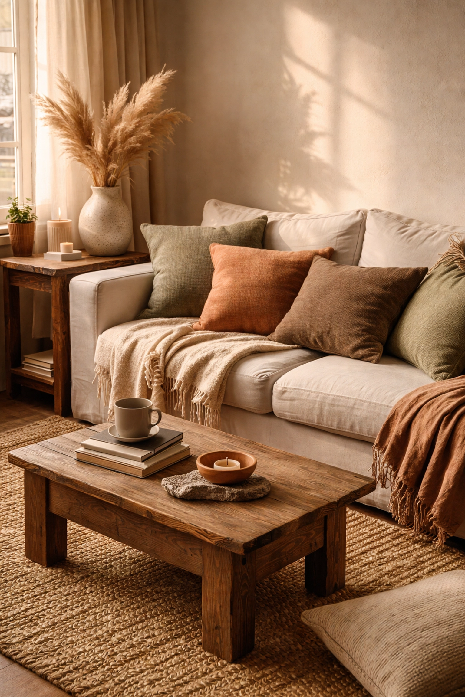 Cozy living room with a jute rug and earth-toned pillows, showcasing handcrafted home accessories and natural fiber decor.