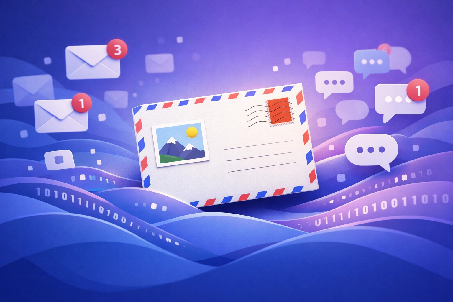 Physical postcard emerging from digital noise showing direct mail impact