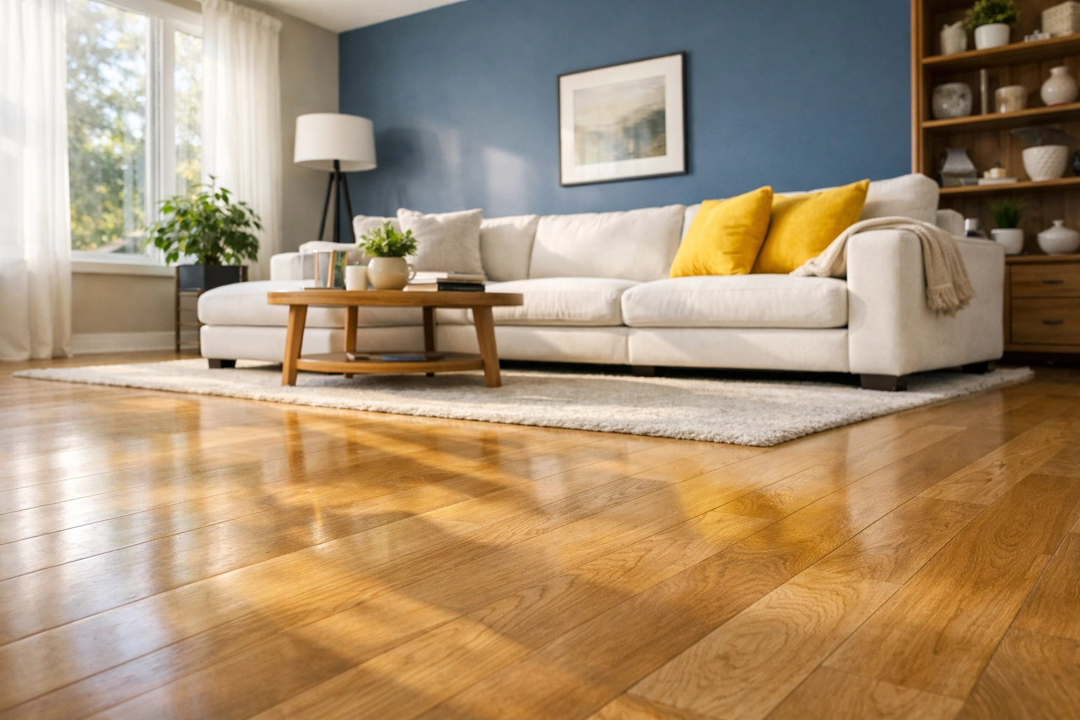 A clean and organized living room reflecting the benefits of a bi-weekly house cleaning service.