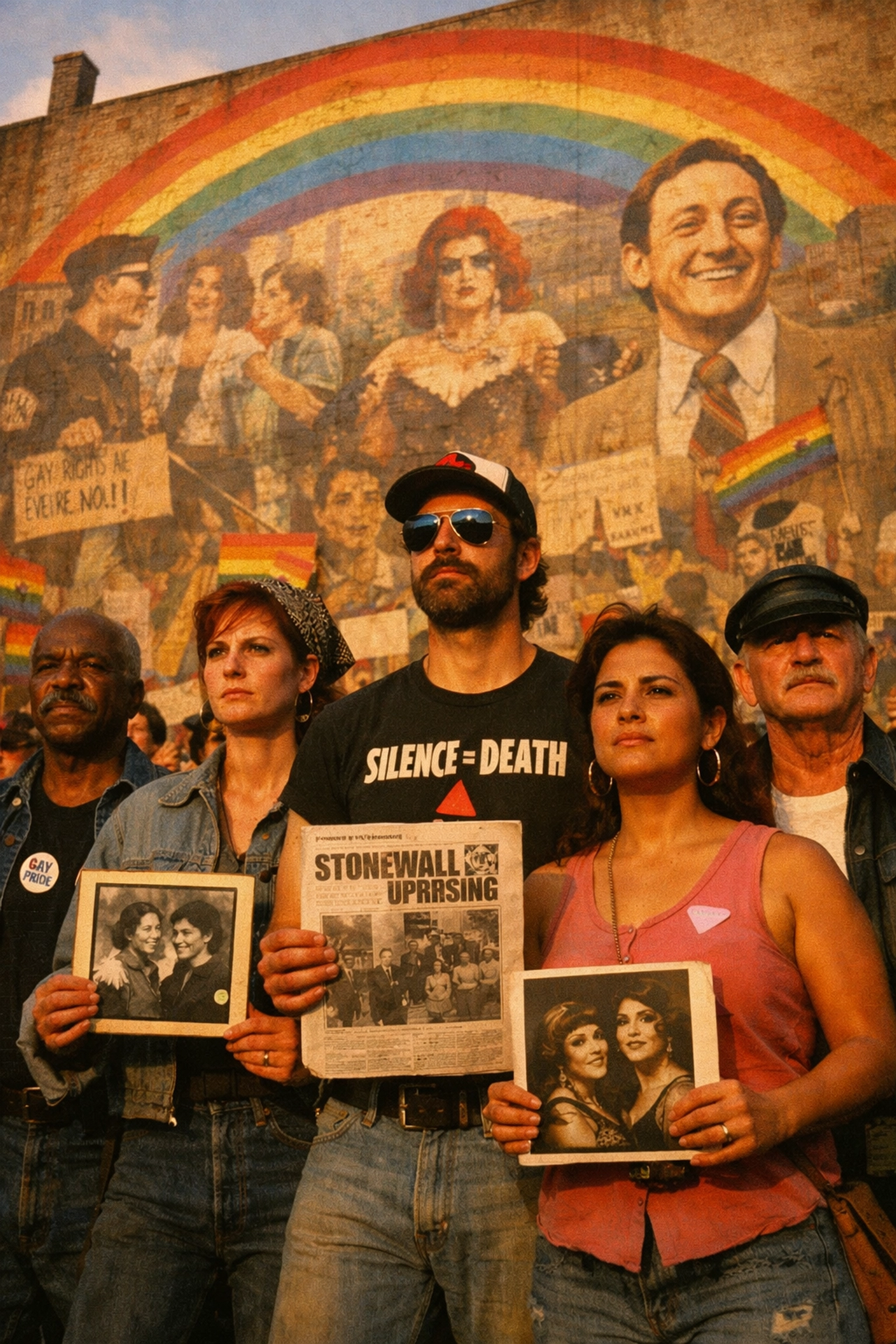 LGBTQ+ activists with archival photos protesting at historic gay mural documenting queer history