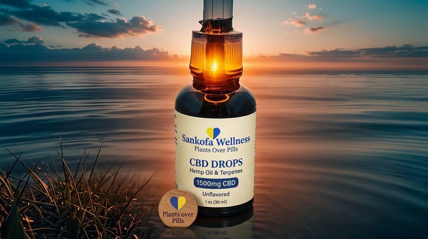 Sankofa Wellness 1500mg CBD Drops against a serene sunset