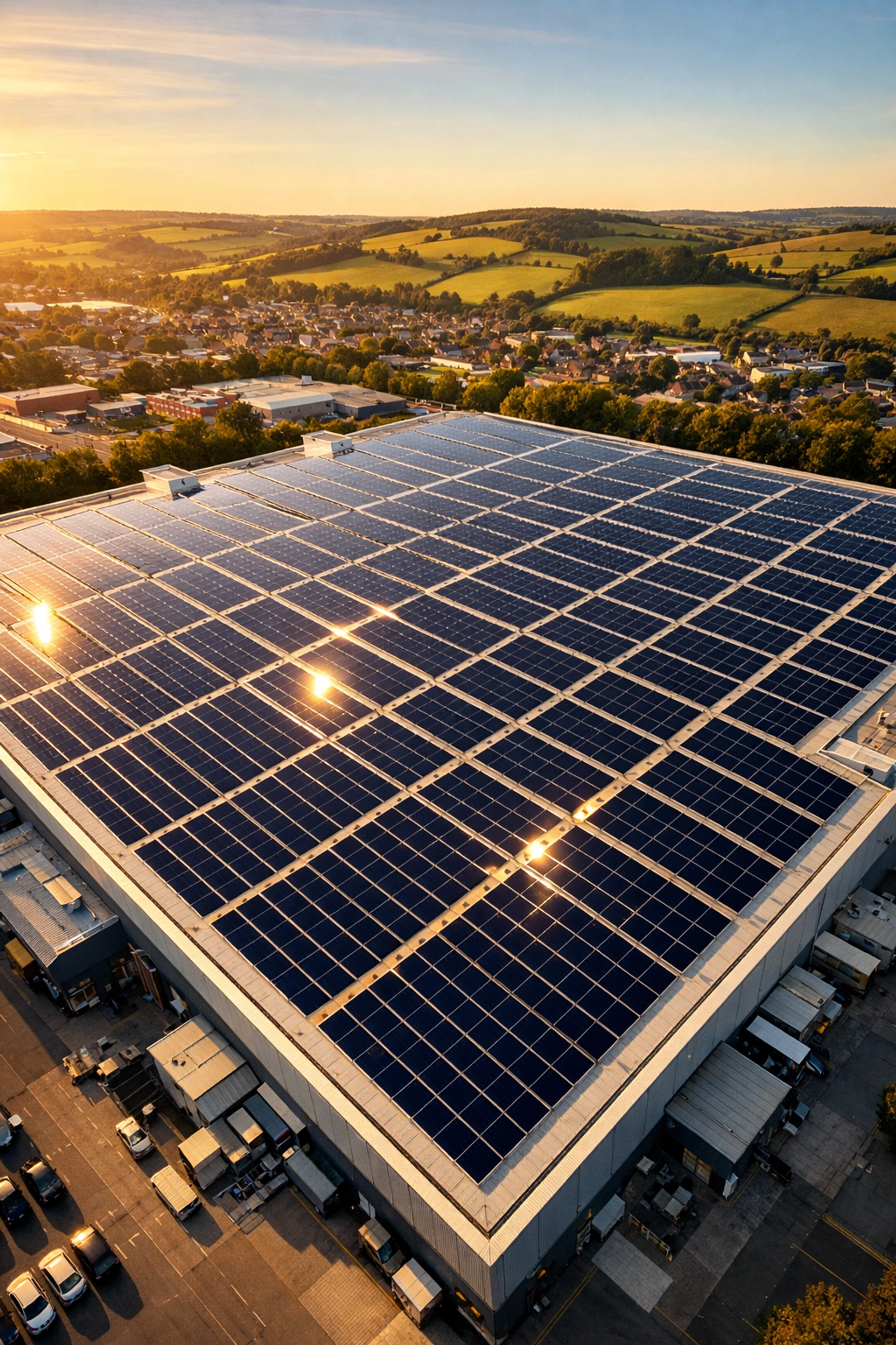 Drone shot of a large-scale commercial solar panel installation on a UK manufacturing facility rooftop.