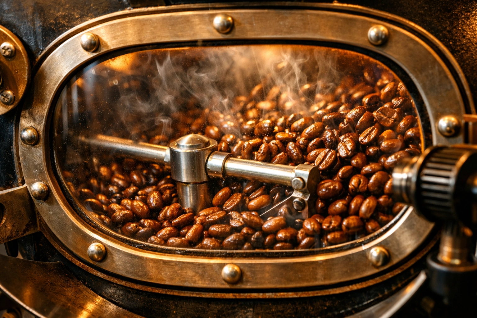 Professional coffee roasting drum with Colombian specialty coffee beans during the roasting process