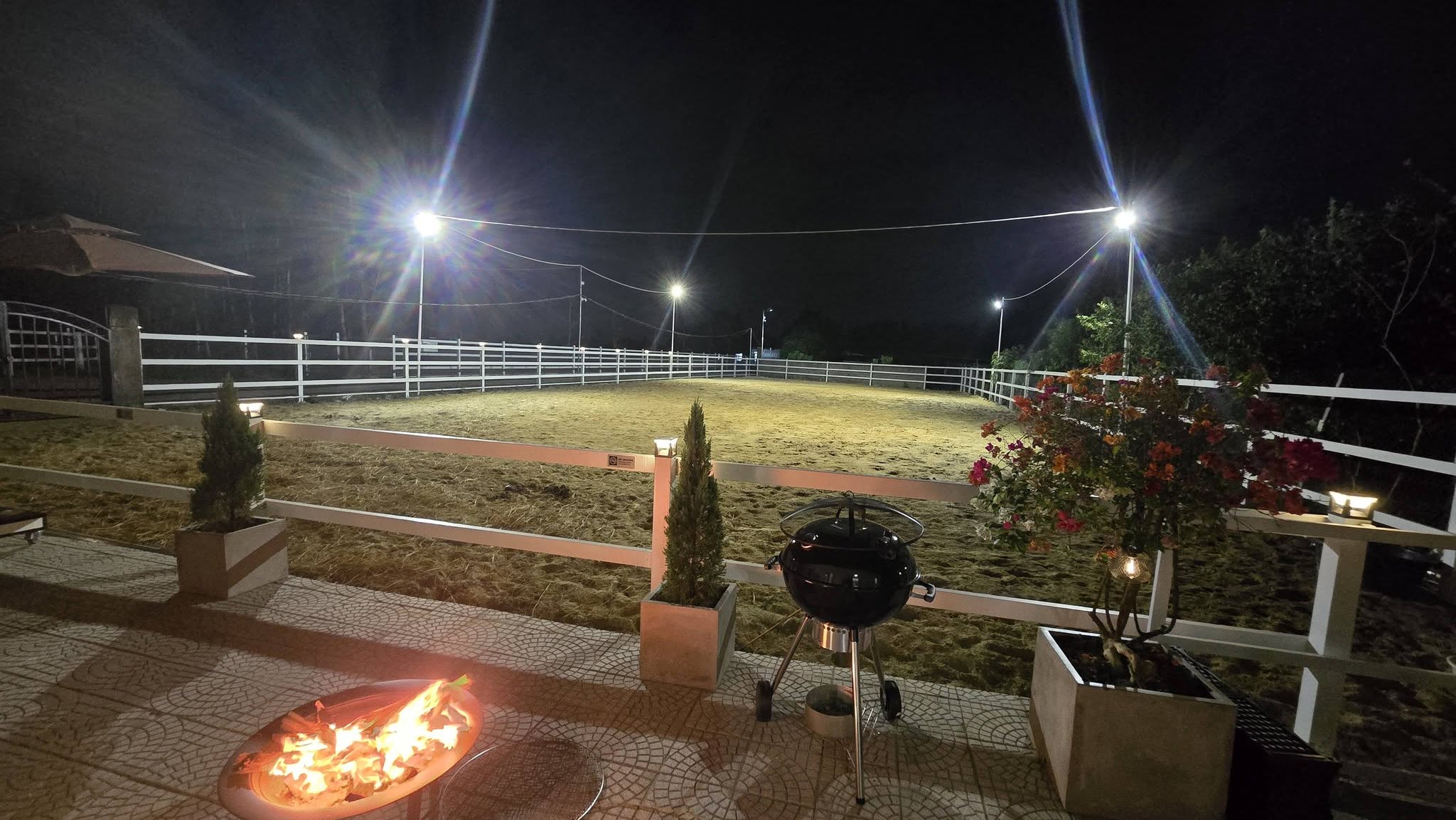 The illuminated outdoor riding arena at VEC with fire pit and BBQ