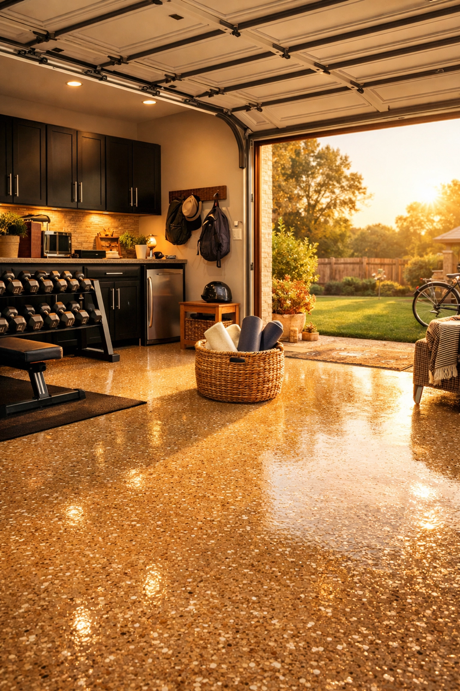 Organized garage gym with tan flake epoxy floor, showing garage makeover ideas in Mississippi