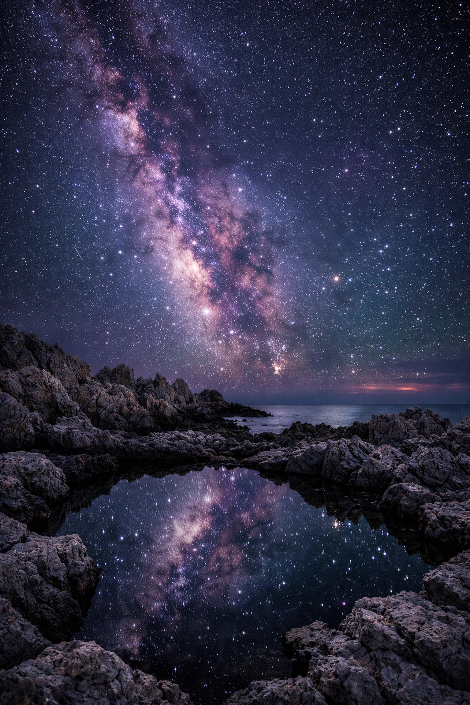 Milky Way stars reflecting in tide pools along a jagged coast, a key night sky landscape photography tip.