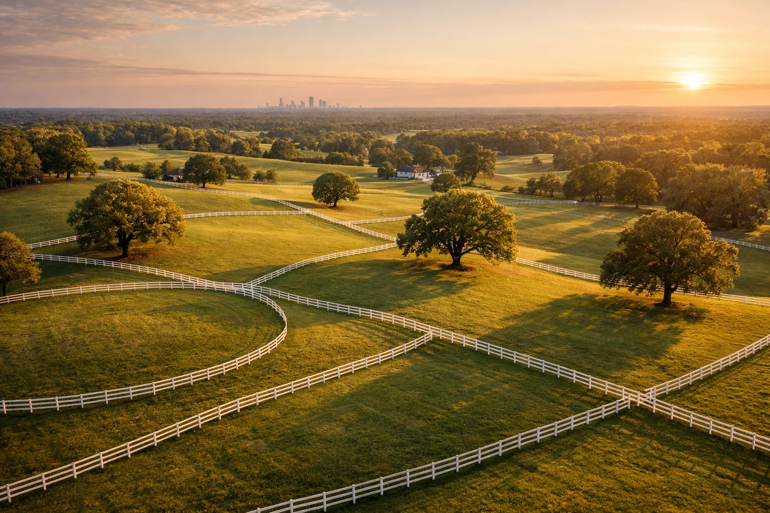 Aerial view of York County SC horse farms with rolling pastures and white fencing near Charlotte