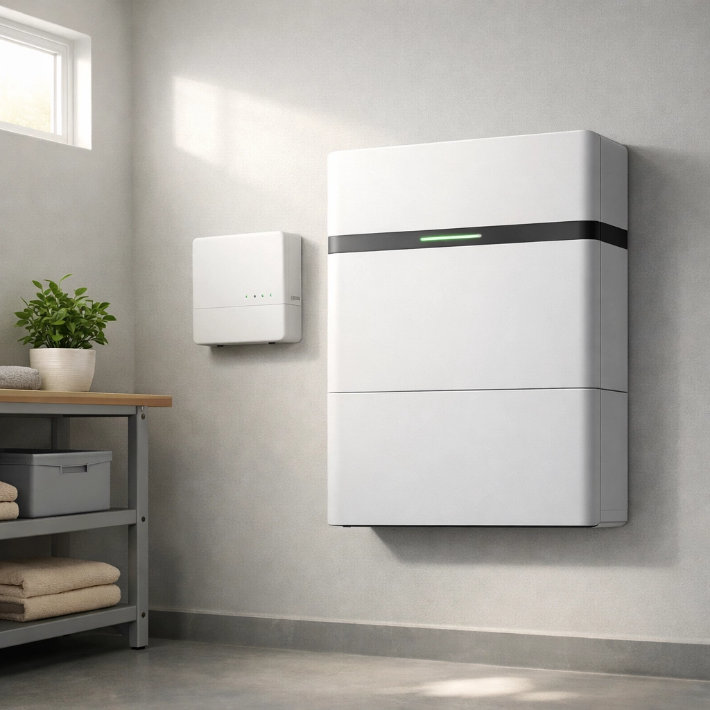 Sleek wall-mounted home battery storage system in a modern utility room