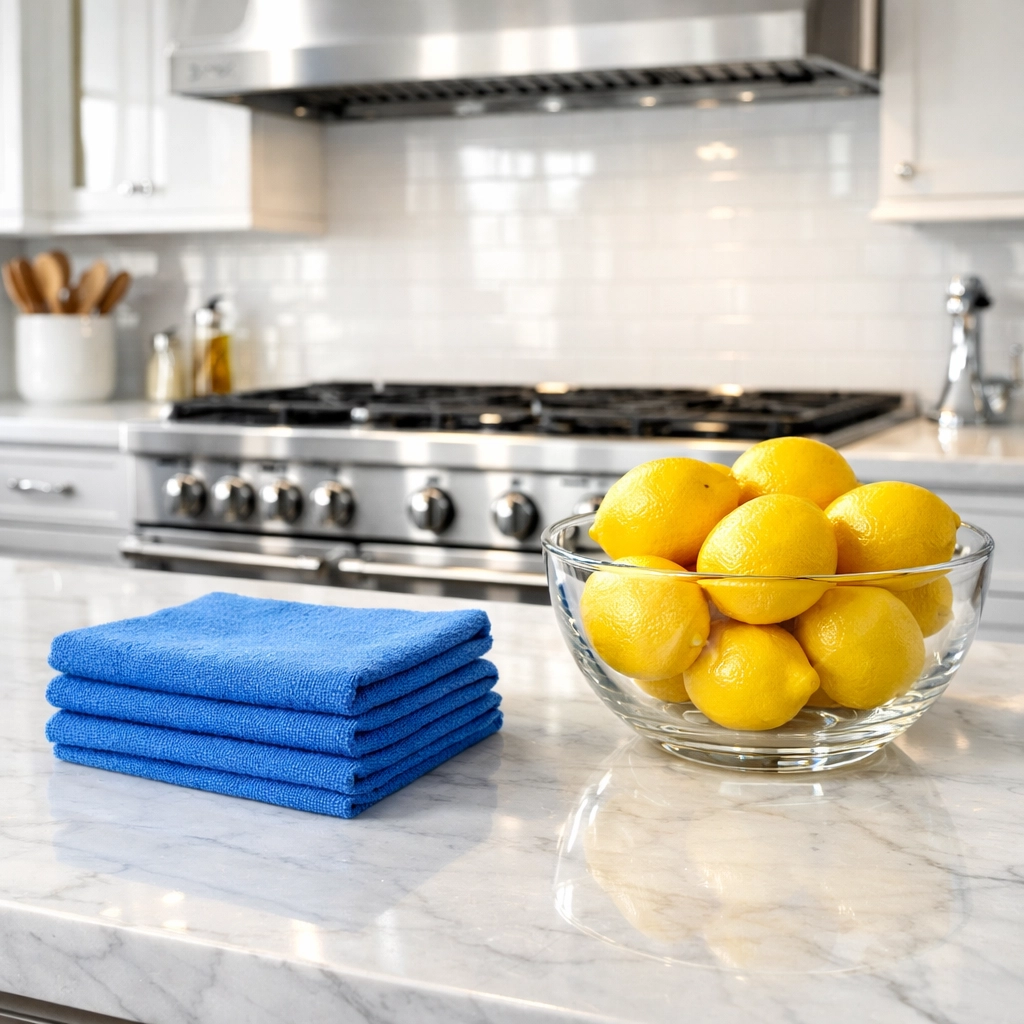Detailed view of a spotless marble kitchen island and degreased stove after move-out cleaning in Cambridge.