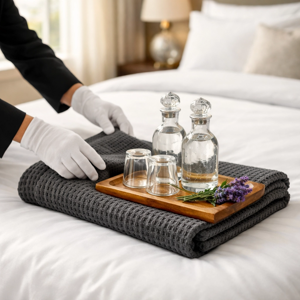 Corporate housing bedroom with a crisp white duvet and hospitality tray, showing high property management standards.