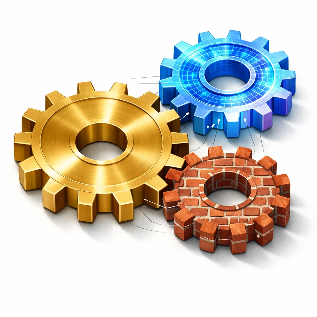 Interconnected gears illustrating how private equity, crypto, and real estate work together