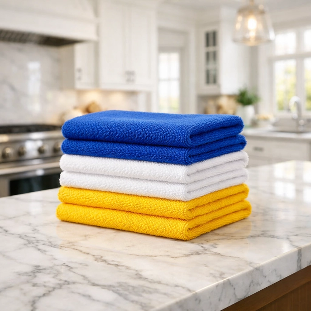 Color-coded microfiber cloths on a marble island for hygienic Duxbury beach house cleaning.