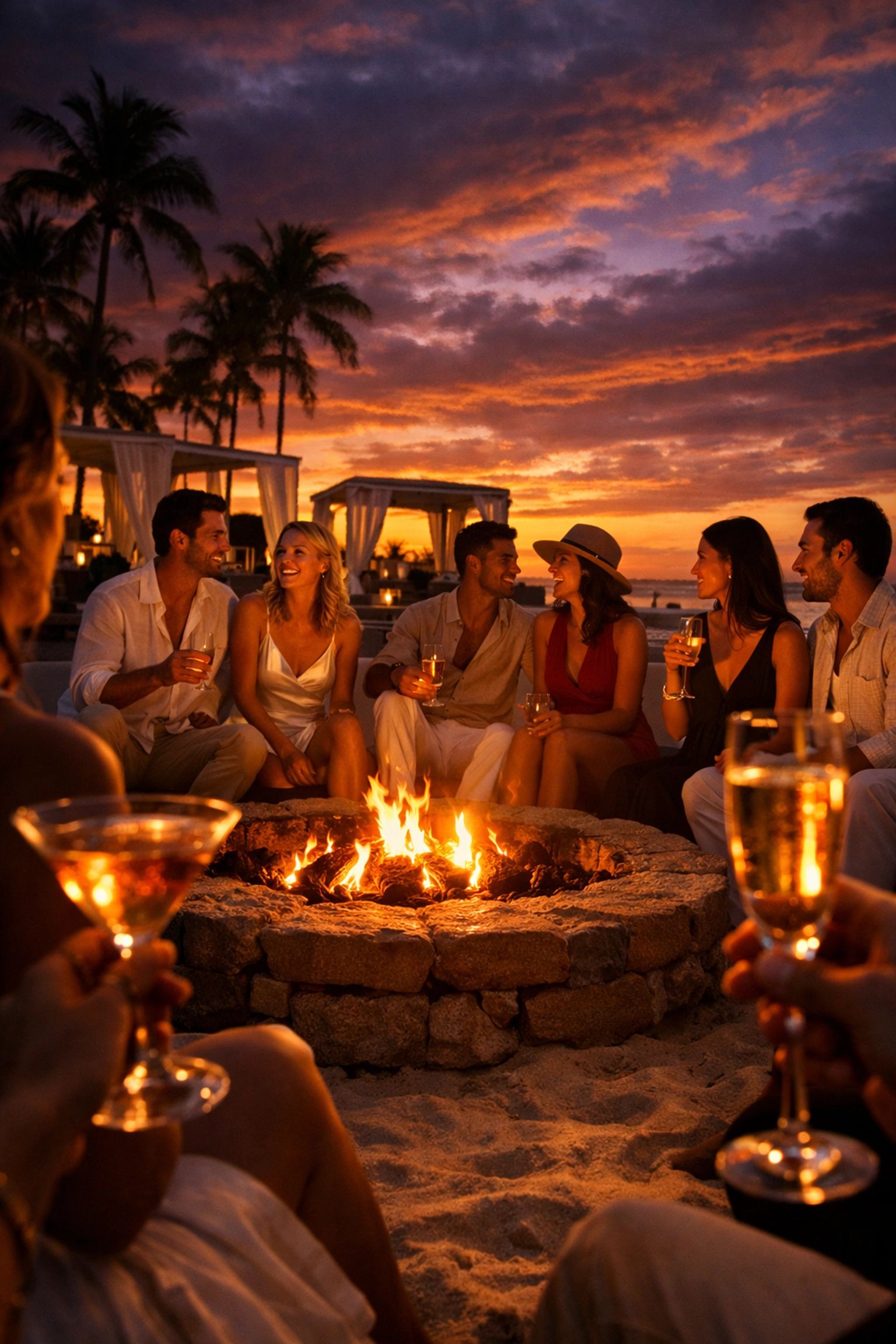 Adults gathered around a sunset beach club fire pit on a group cruise vacation.