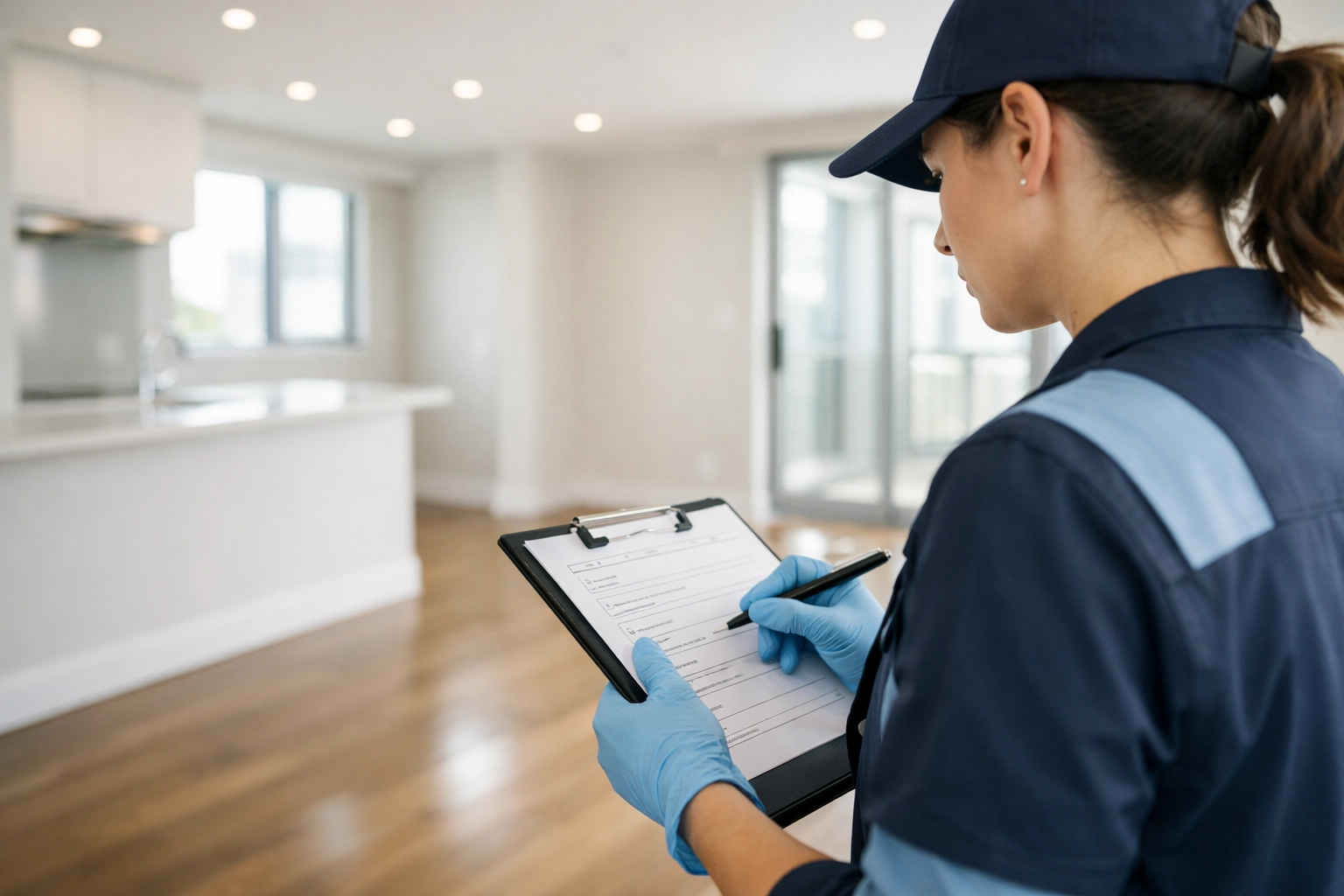 Professional conducting final cleaning inspection before apartment move-in