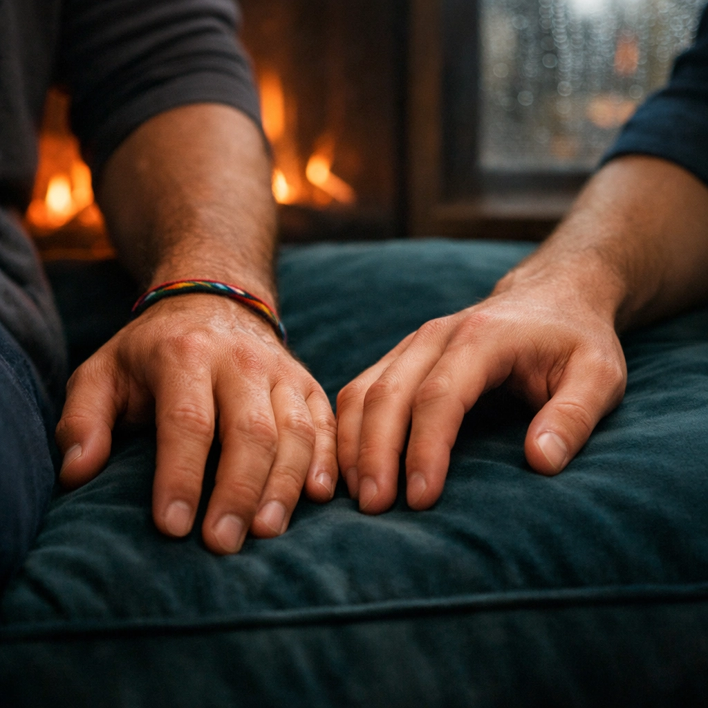 Intimate close-up of men's hands nearly touching, depicting the forced proximity mm romance trope.