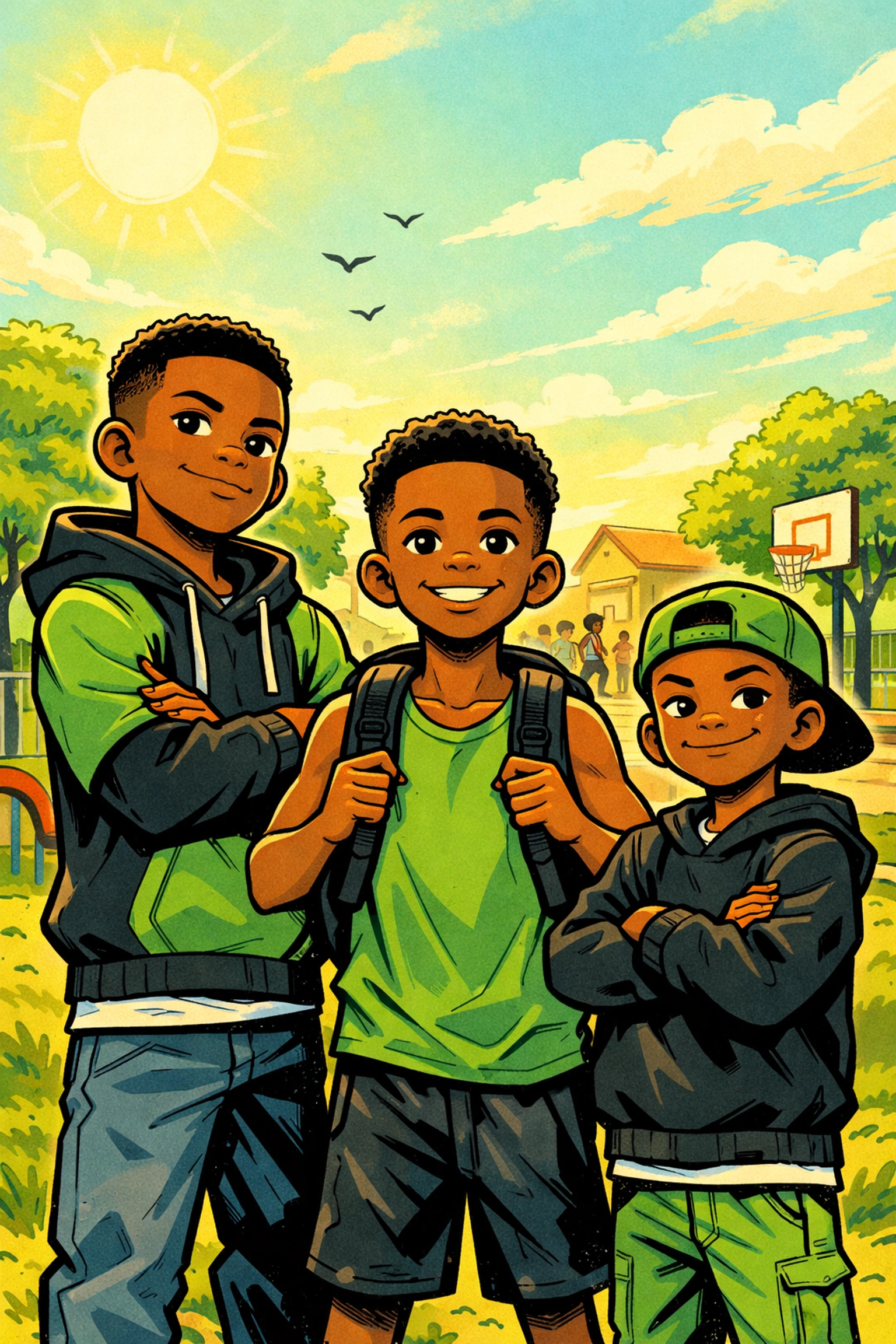 Three young Black scholars wearing heather grass green apparel from the Competitive Scholar Collection C4.