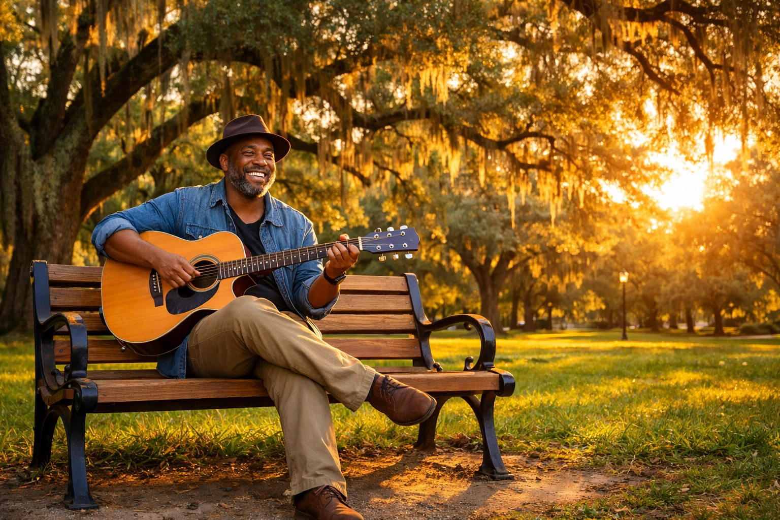 A confident musician playing acoustic guitar in a Tallahassee park after completing local guitar lessons.