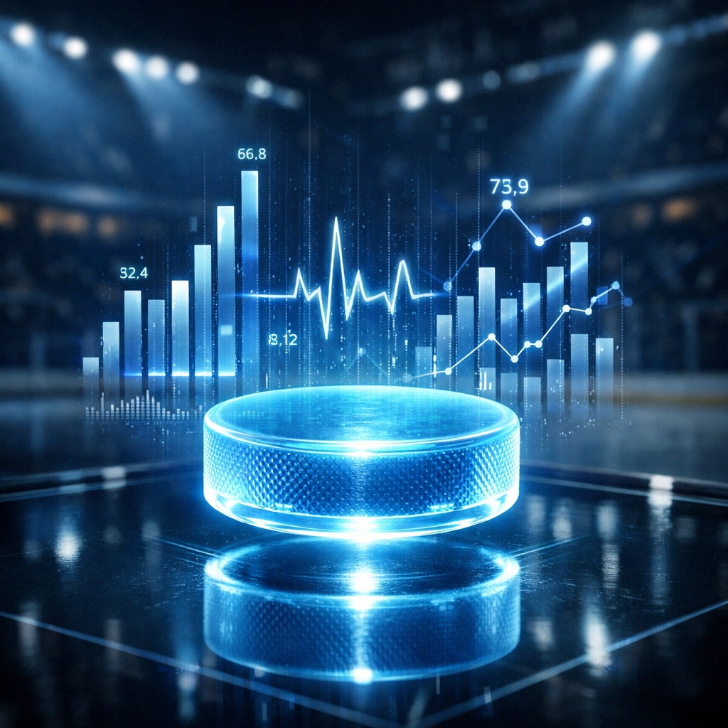 NHL AI predictions for Stars vs Avalanche featuring hockey puck and holographic sports betting analytics data.