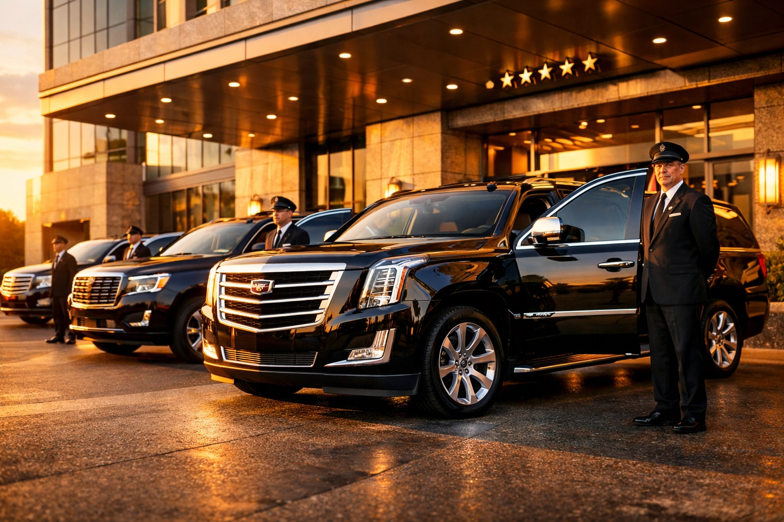 Luxury SUV fleet with professional chauffeurs providing executive transportation for Super Bowl corporate travel