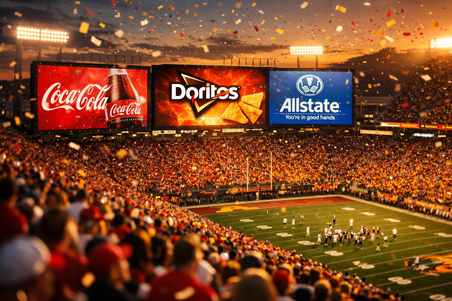 College football stadium with digital LED screens displaying brand activations to thousands of fans
