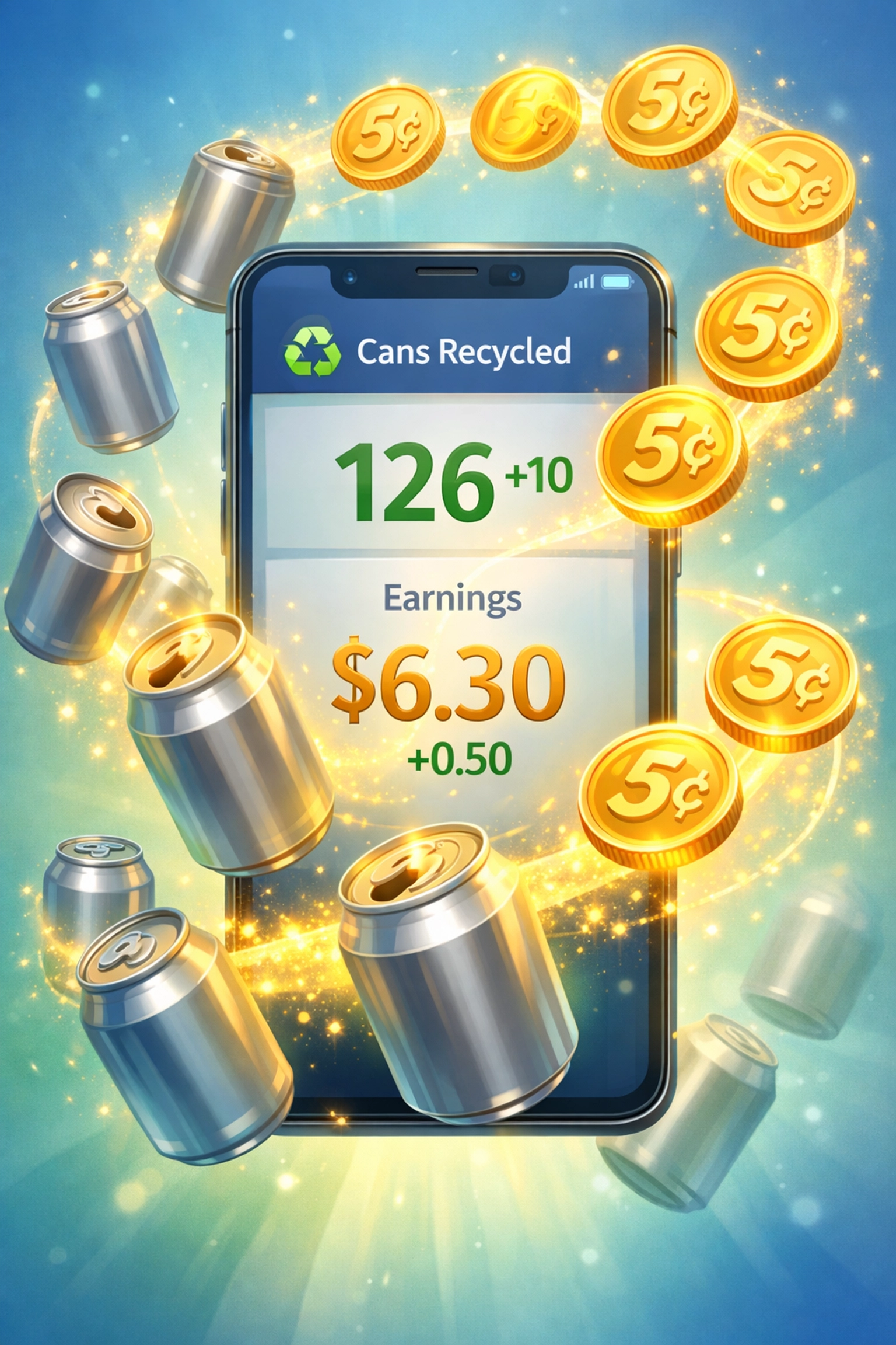 Tracking recycling earnings with 5 cent credit per aluminum can in mobile app