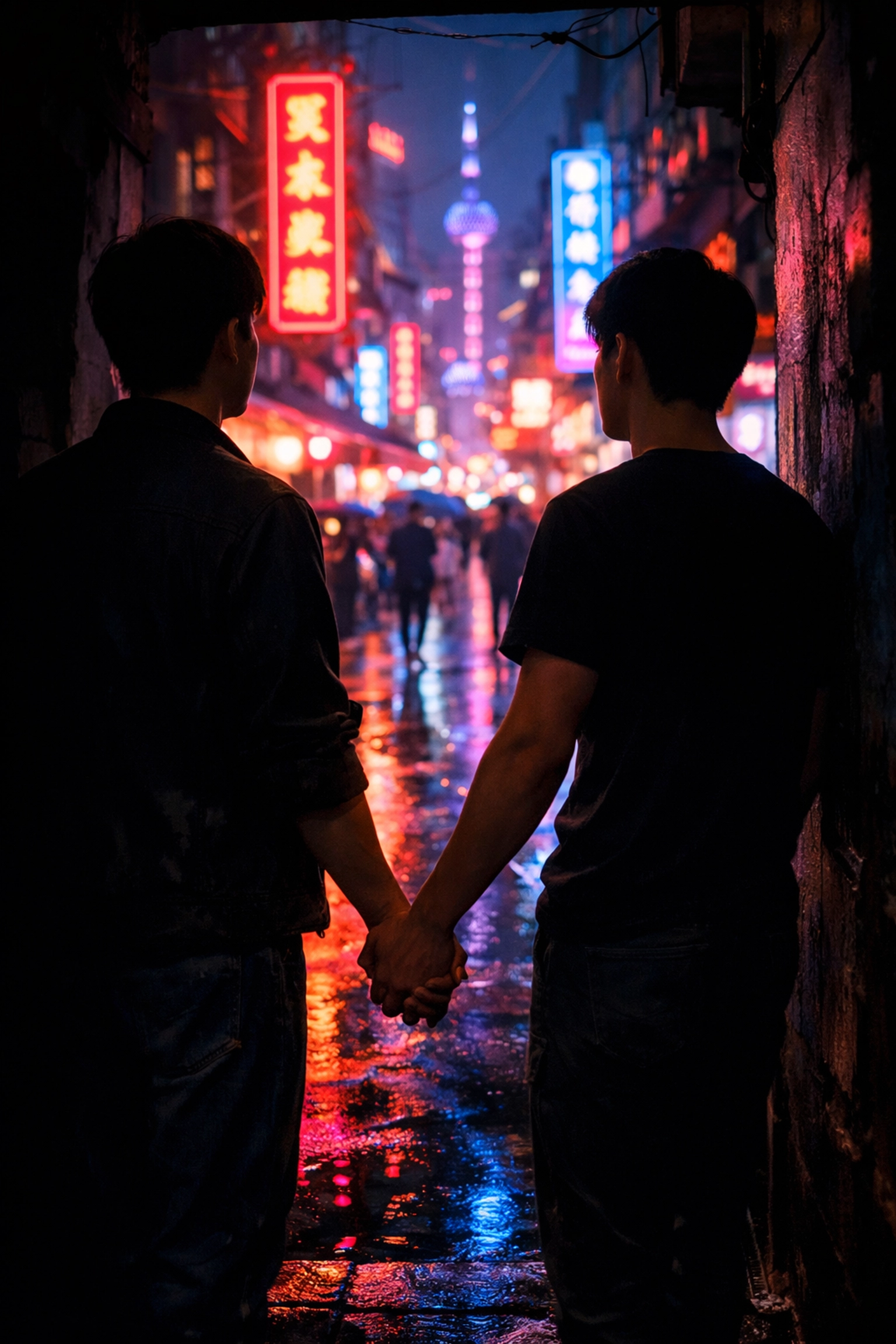 Gay couple holding hands in shadows on neon-lit Shanghai street, hiding their relationship