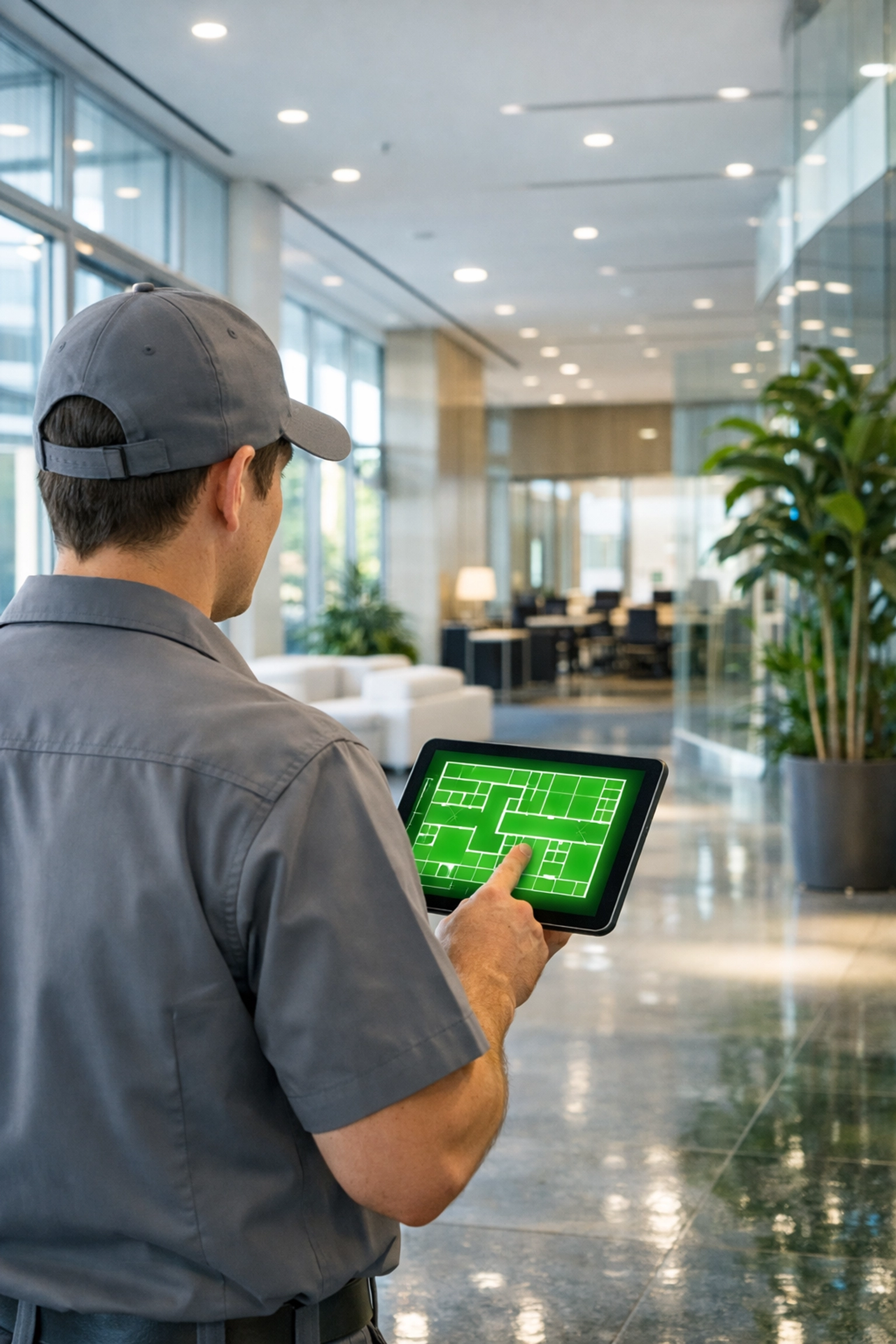 Titanium Laboratories technician using a digital tablet for commercial pest control in a Nutley NJ office.