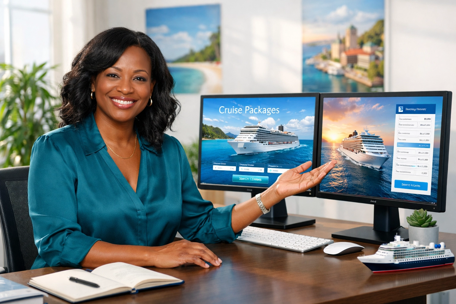 Cruise travel agent booking vacation at desk with computer monitors