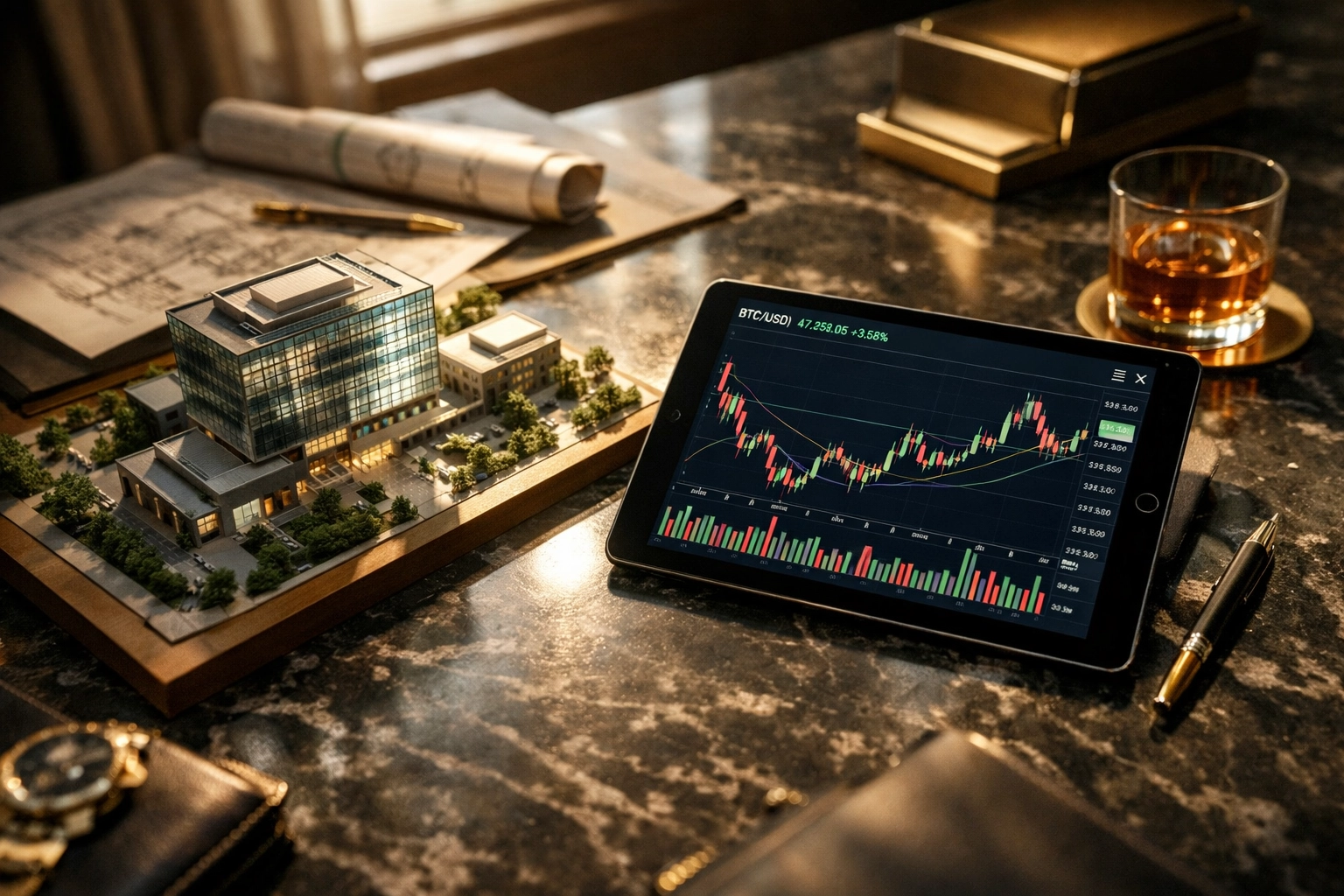 Institutional investment desk with real estate model and cryptocurrency trading charts