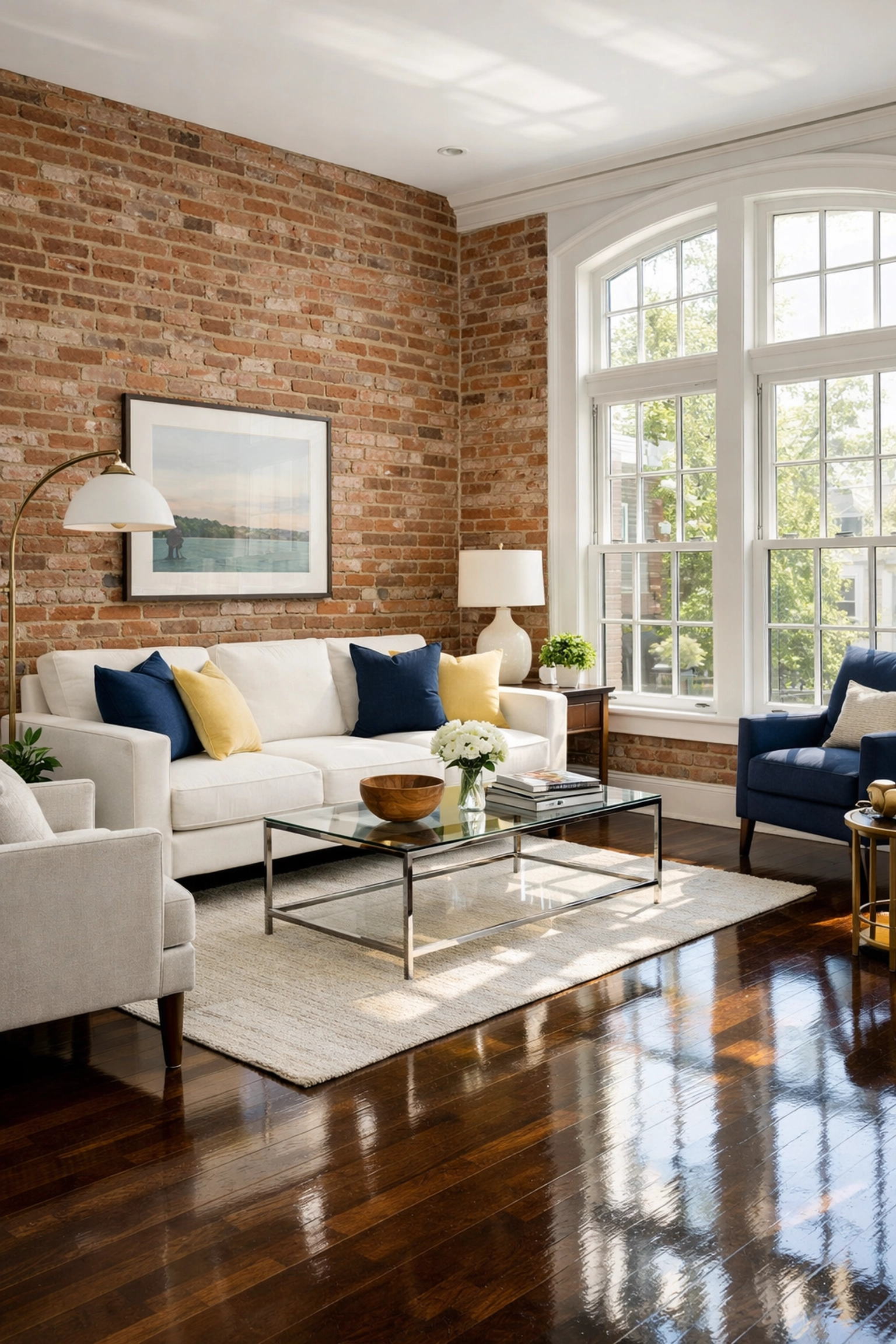 Spotless Somerville living room with polished floors and brick walls, showcasing professional cleaning services Somerville MA.