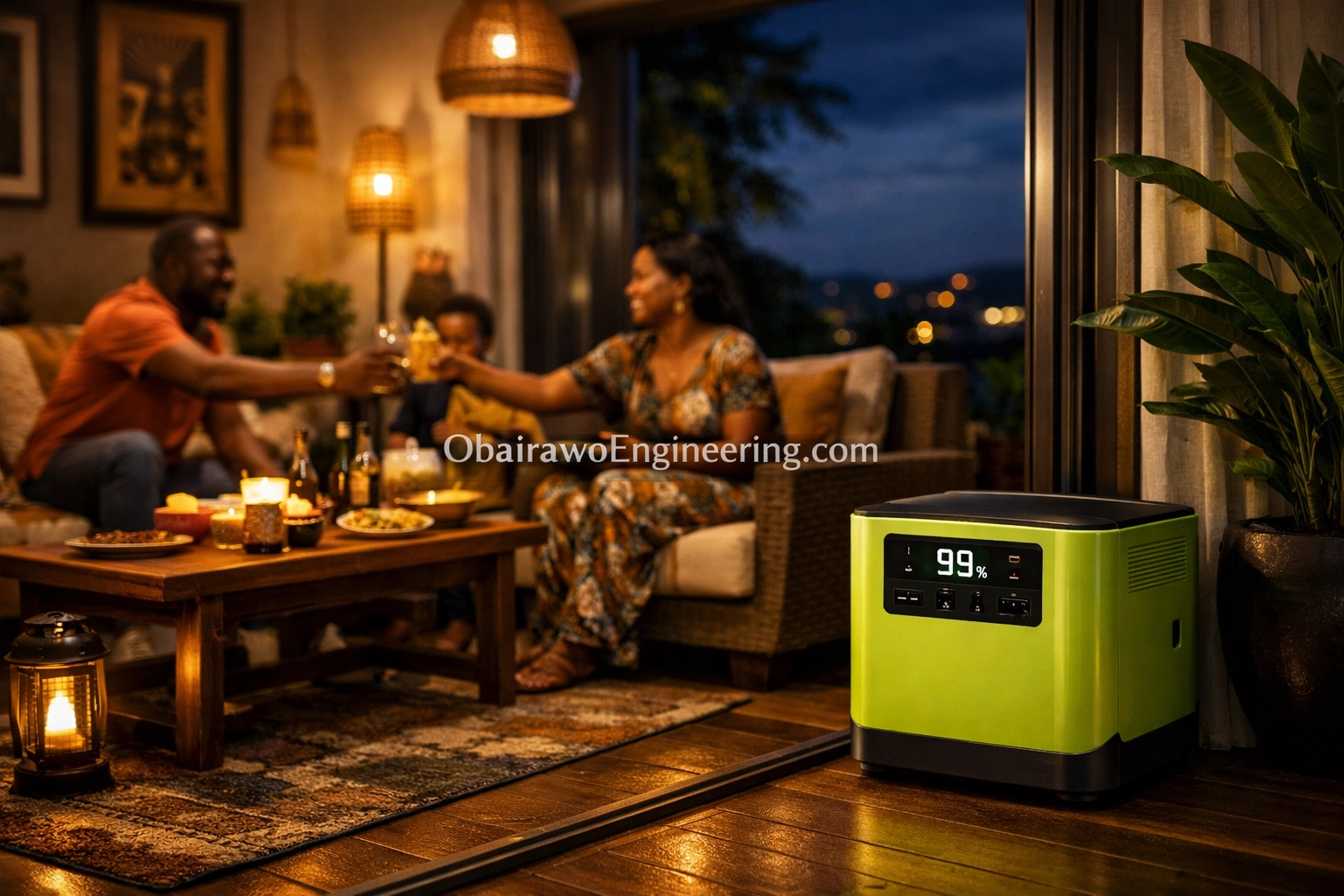 A family in a modern home powered by a silent fuelless generator, demonstrating eco-friendly power solutions.