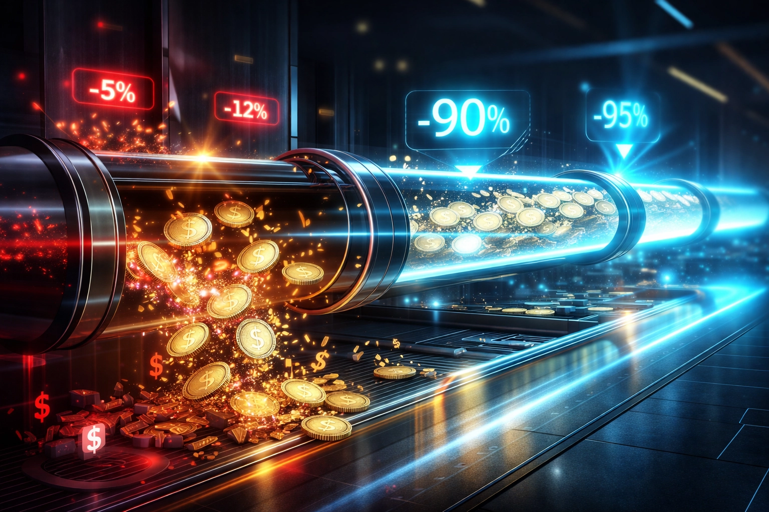 Glowing digital coins flow through a futuristic pipeline, symbolizing reduced fees with Larecoin Web3 payments.