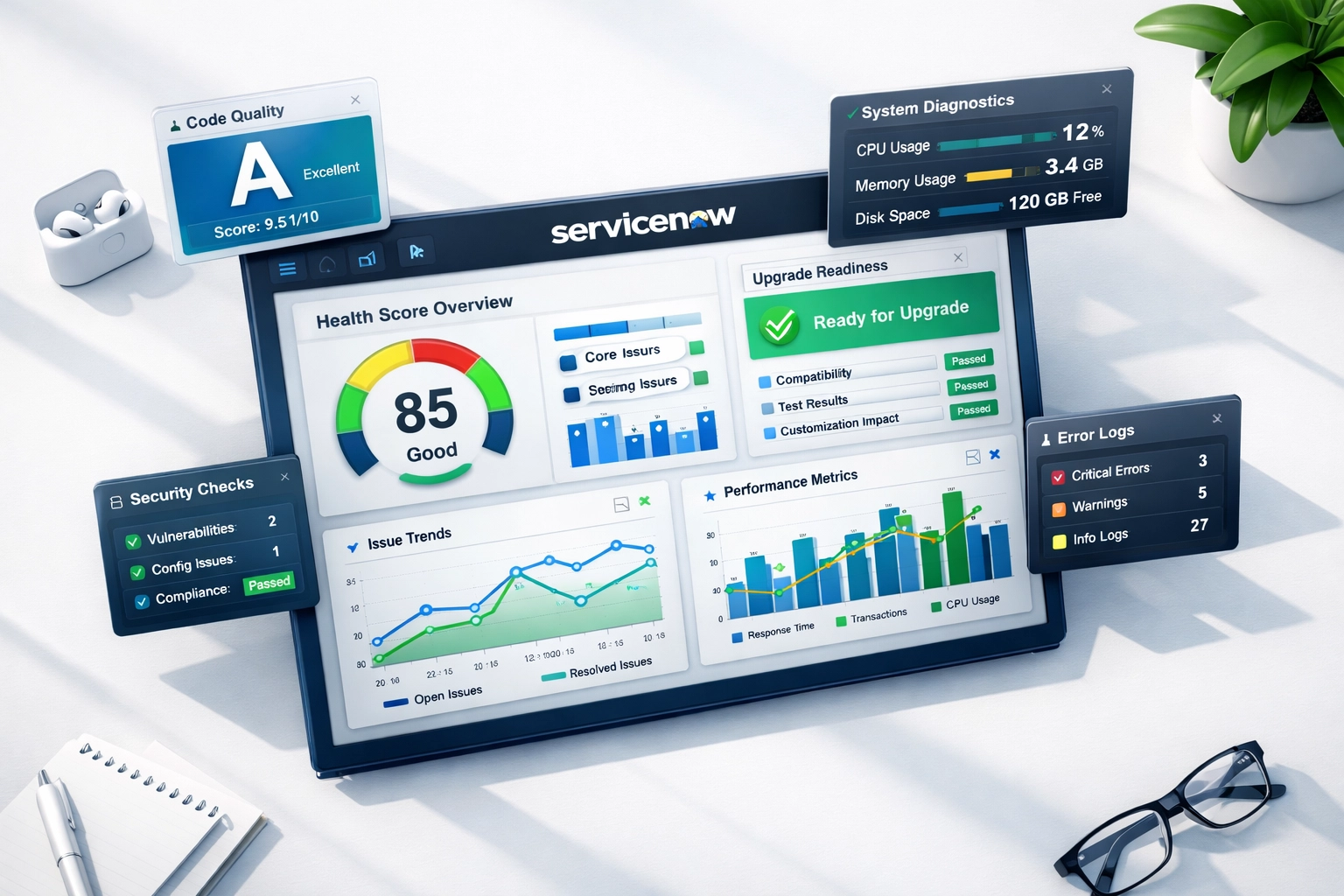 ServiceNow dashboard showing platform health scores and upgrade readiness metrics for technical assessment