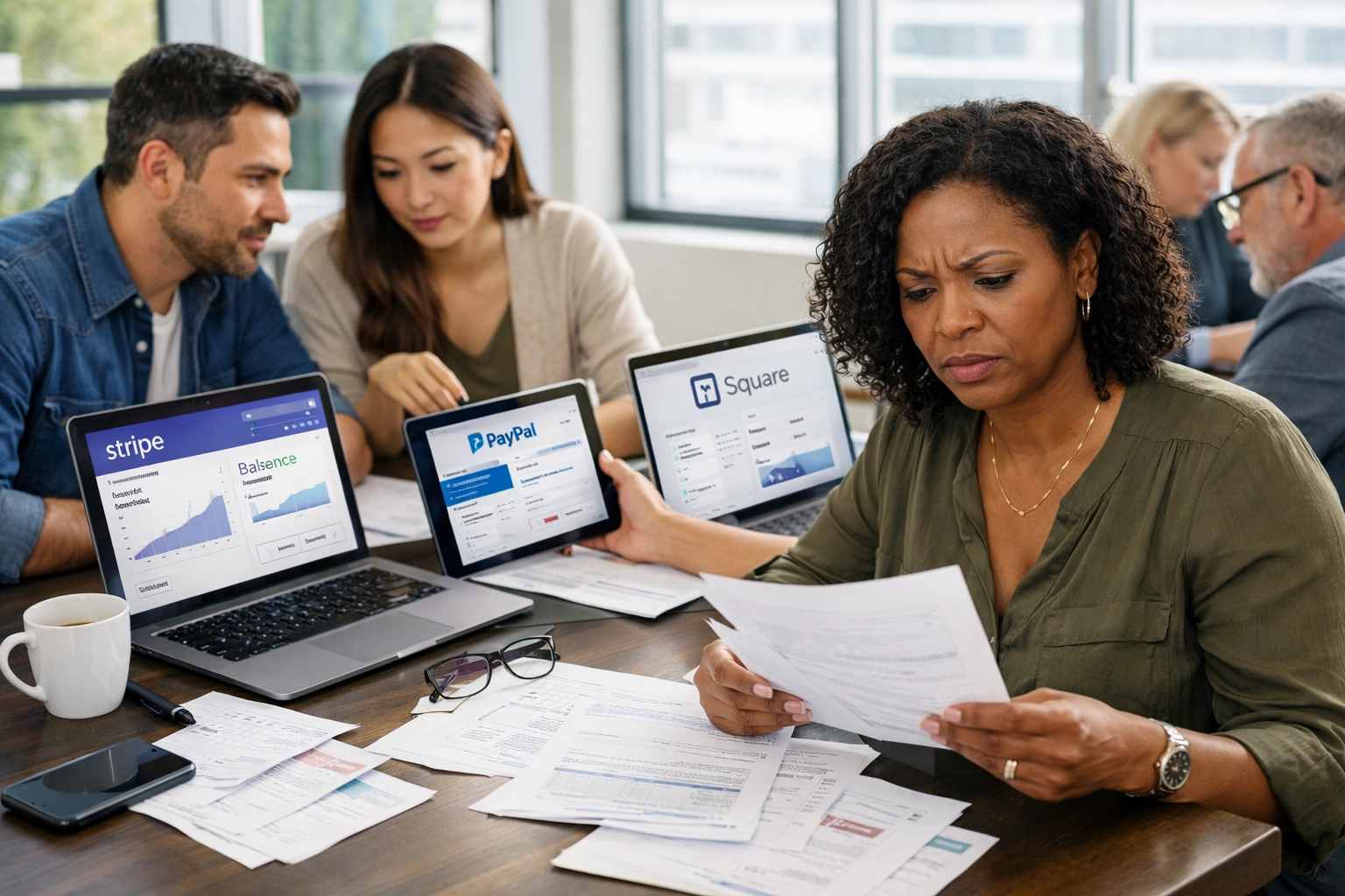 Diverse small business owners reviewing payment processor dashboards and 1099-K tax documents