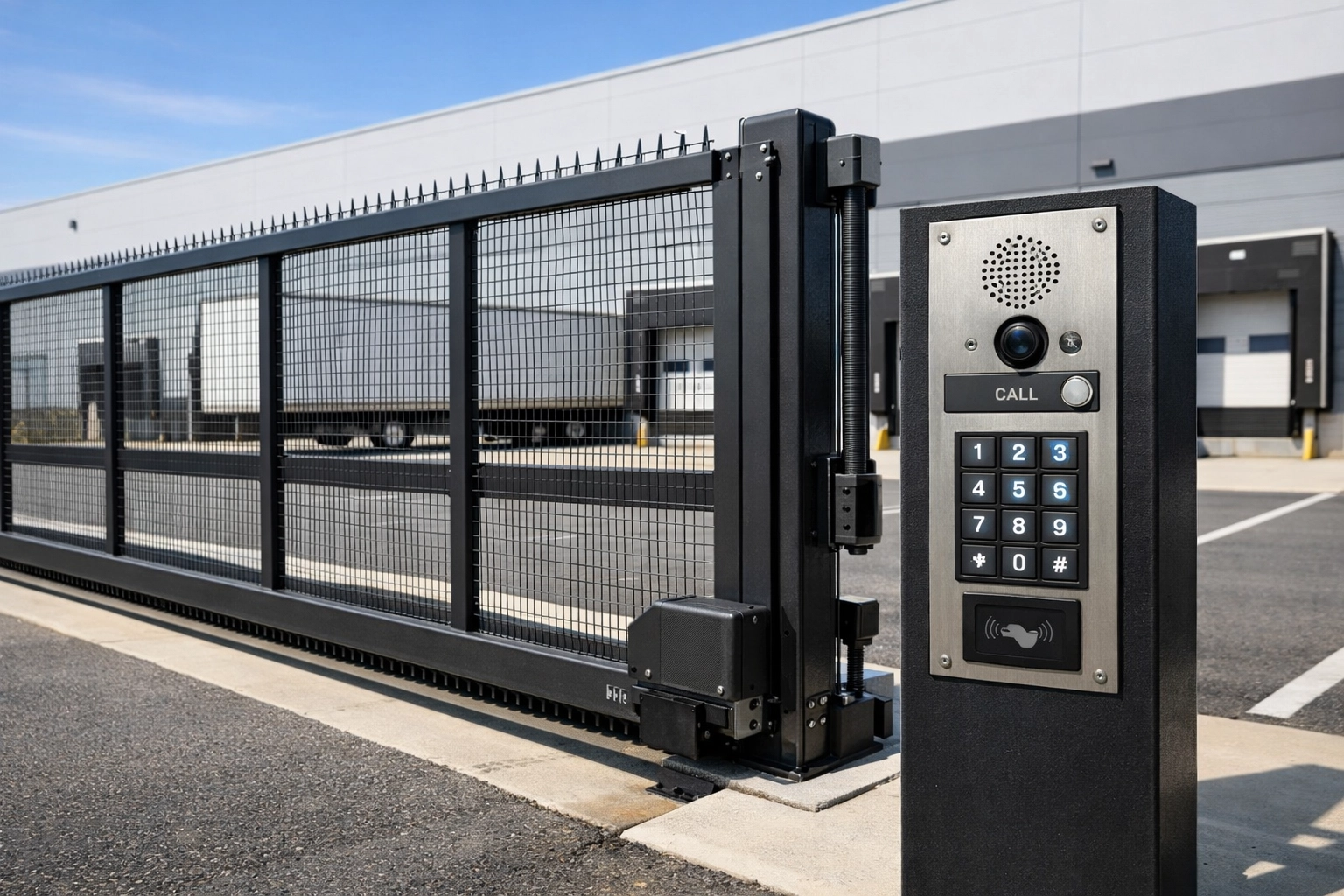 Secure automated gate system with access control at warehouse perimeter entrance