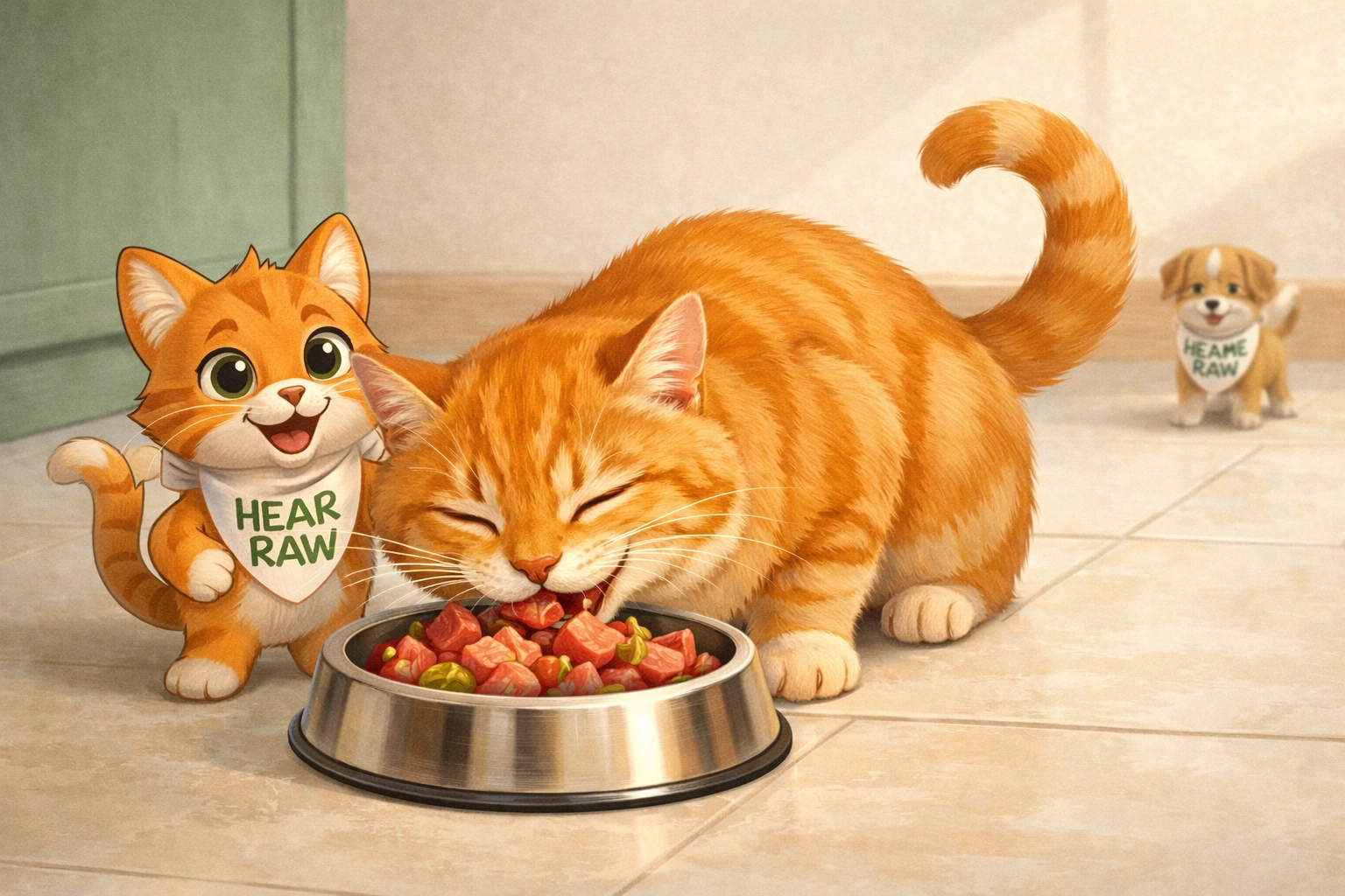 Happy ginger cat eating complete raw cat food from stainless steel bowl in UK home