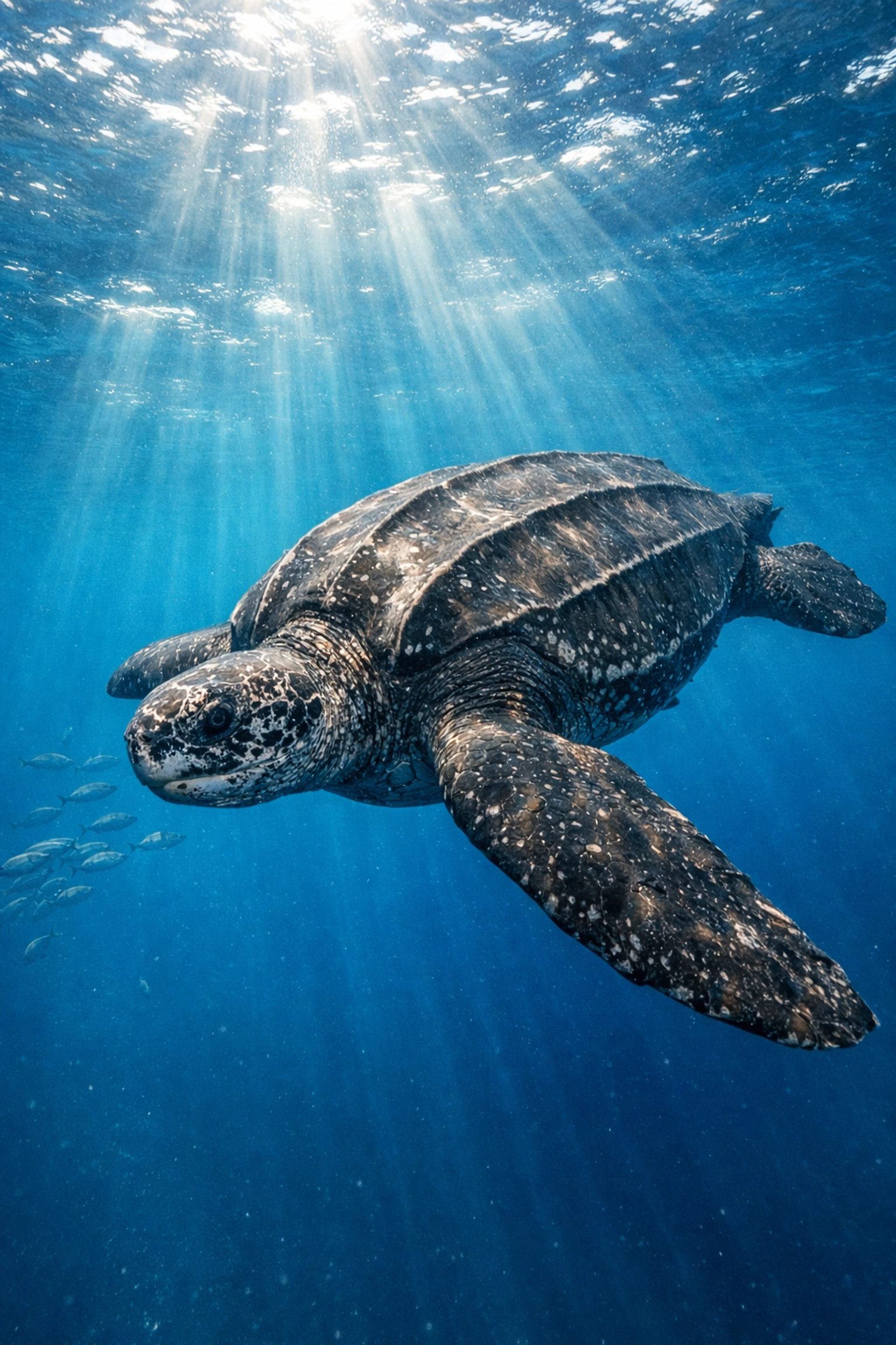 Endangered Pacific leatherback sea turtle swimming in ocean for conservation awareness
