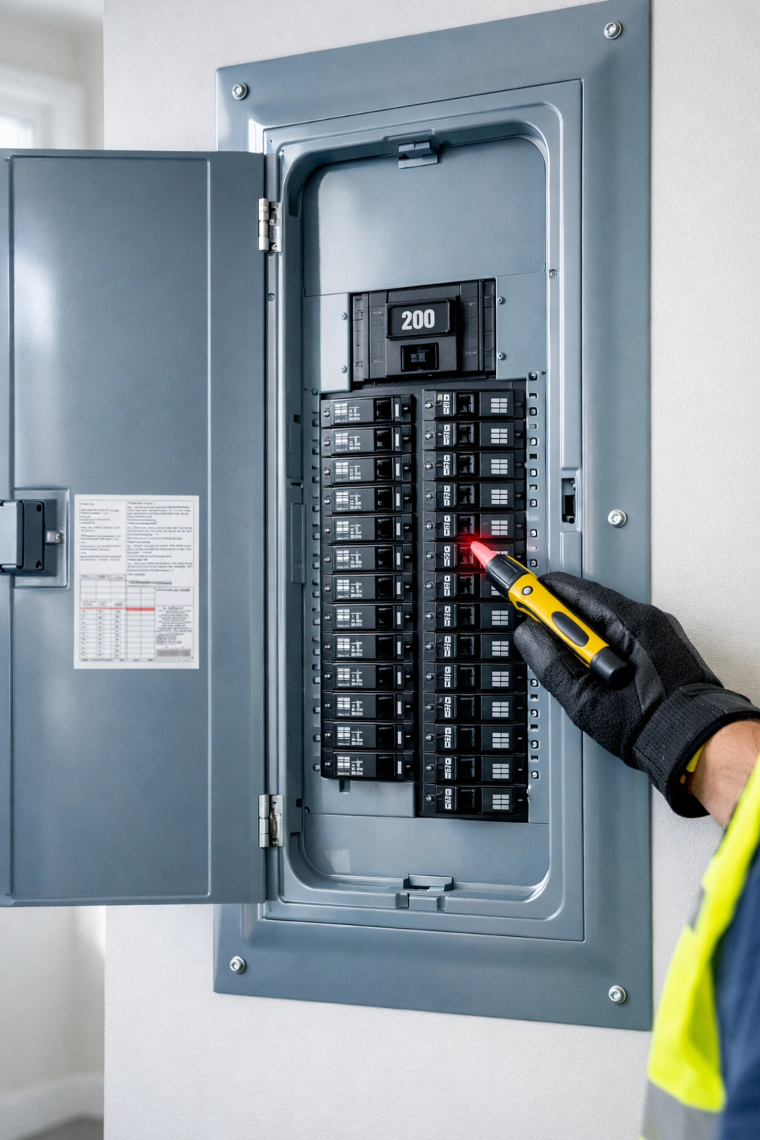 Licensed electrician inspecting modern 200-amp electrical panel with organized circuit breakers