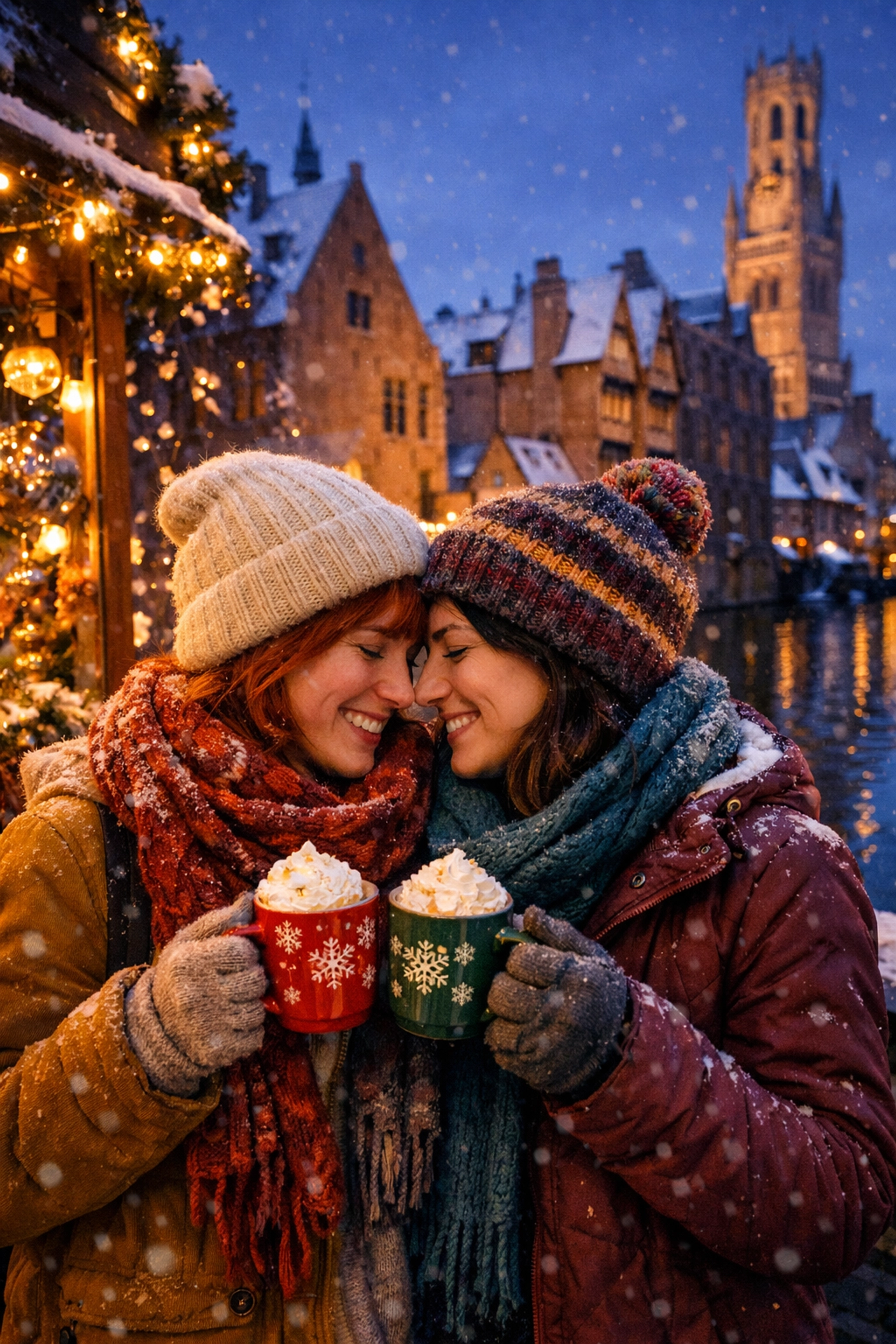Lesbian couple sharing hot chocolate at Bruges Christmas market with canal backdrop