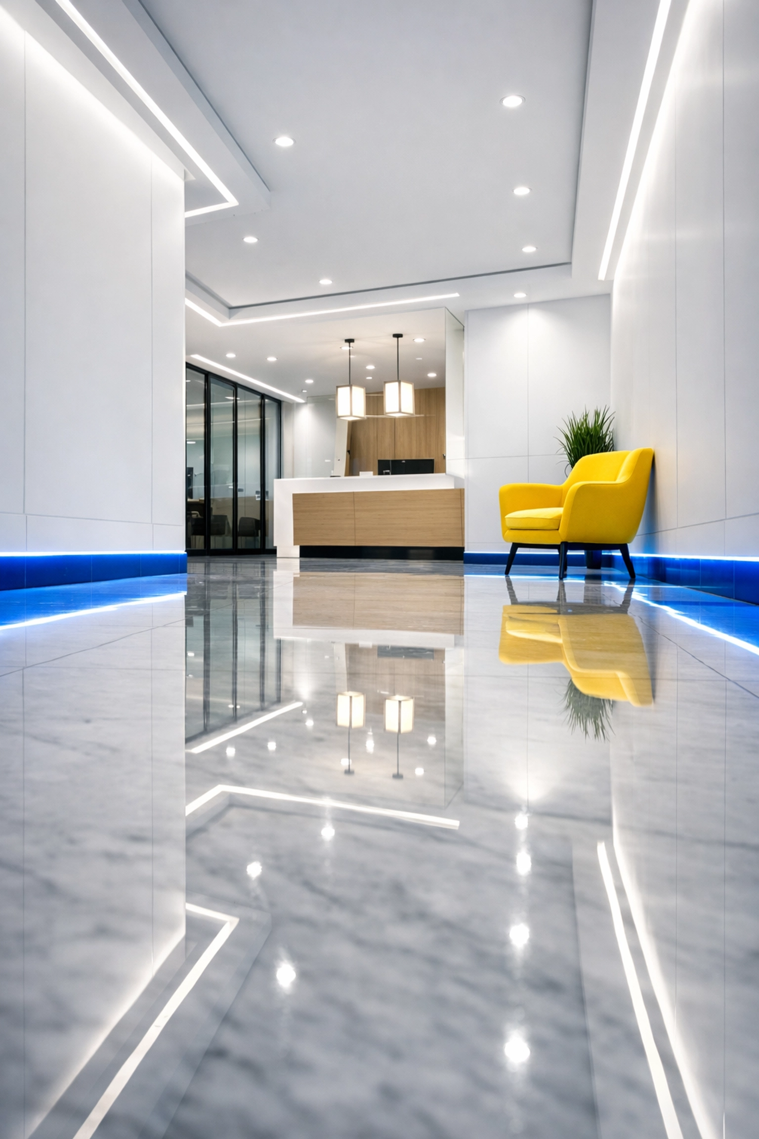 Polished lobby floor after expert commercial cleaning in Boston and post-construction cleaning MA.