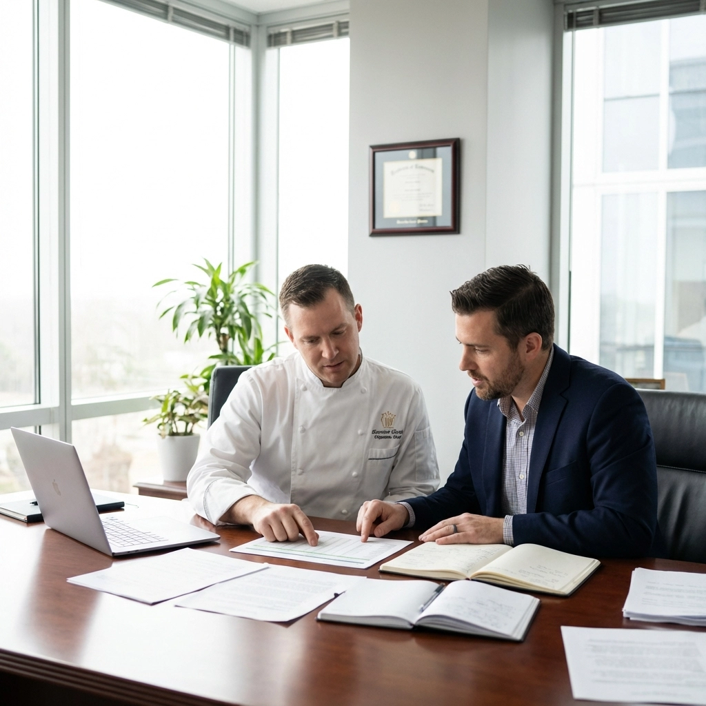 Executive chef and restaurant manager collaborate over paperwork for restaurant staffing solutions.